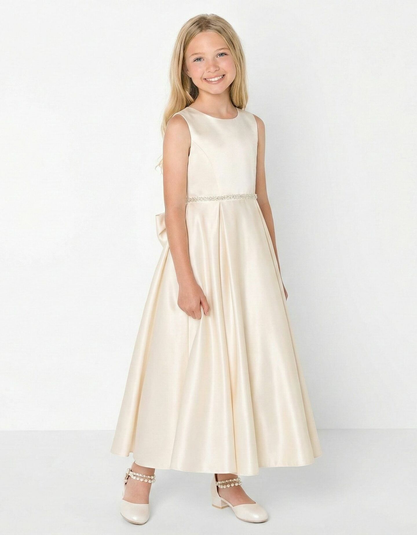 Evelyn Champagne Satin Sleeveless Girls Formal Dress with Crystal Waist & Oversized Back Bow | Lucys