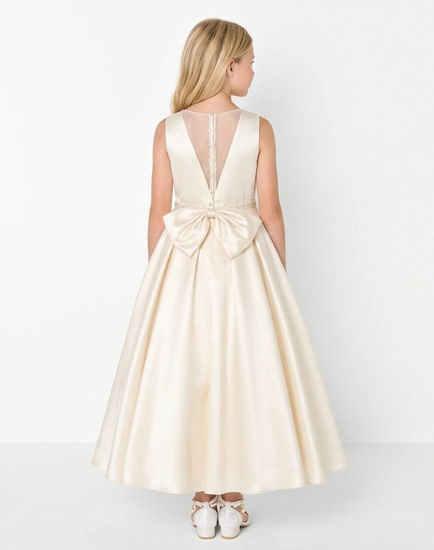 Evelyn Champagne Satin Sleeveless Girls Formal Dress with Crystal Waist & Oversized Back Bow | Lucys