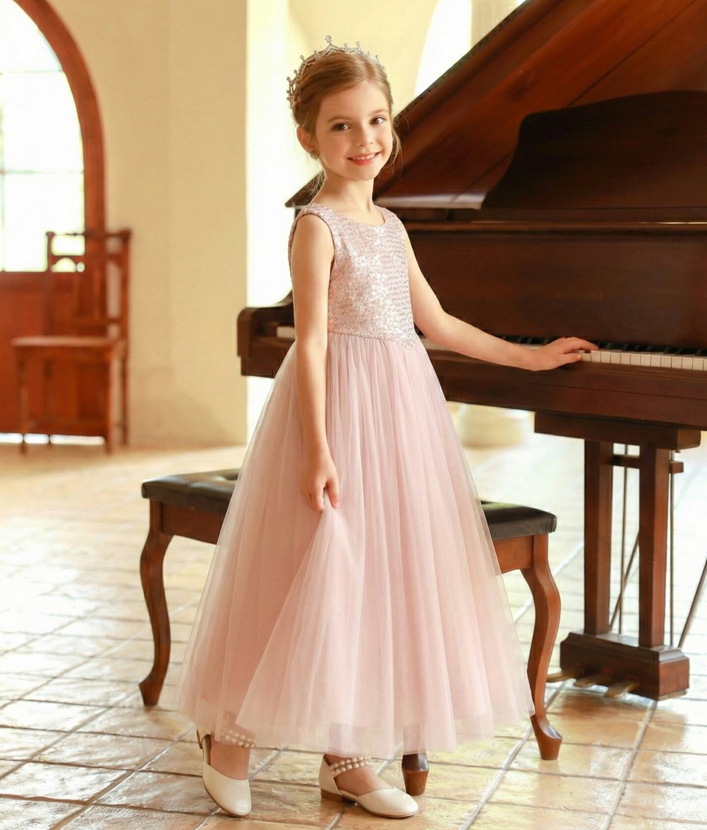 Eudora Blush Pink Full Sequin Bodice Tulle Girls Formal Dress | Lucys