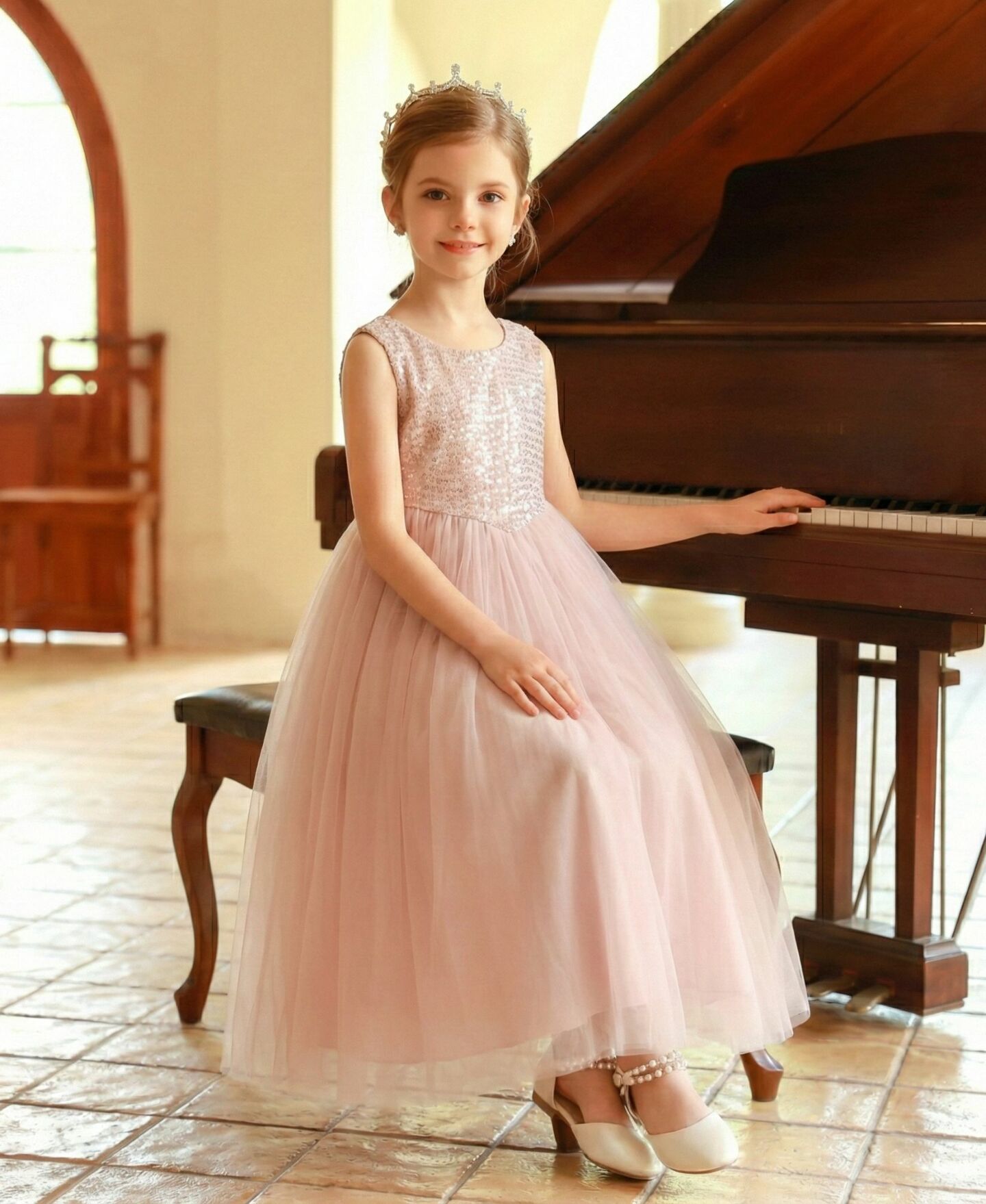 Eudora Blush Pink Full Sequin Bodice Tulle Girls Formal Dress | Lucys