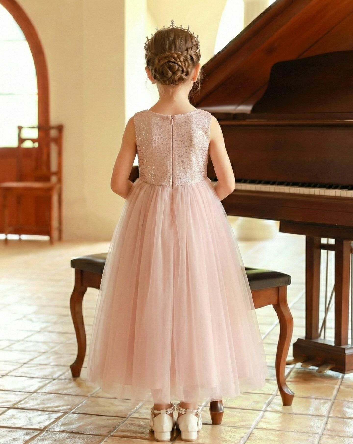 Eudora Blush Pink Full Sequin Bodice Tulle Girls Formal Dress | Lucys