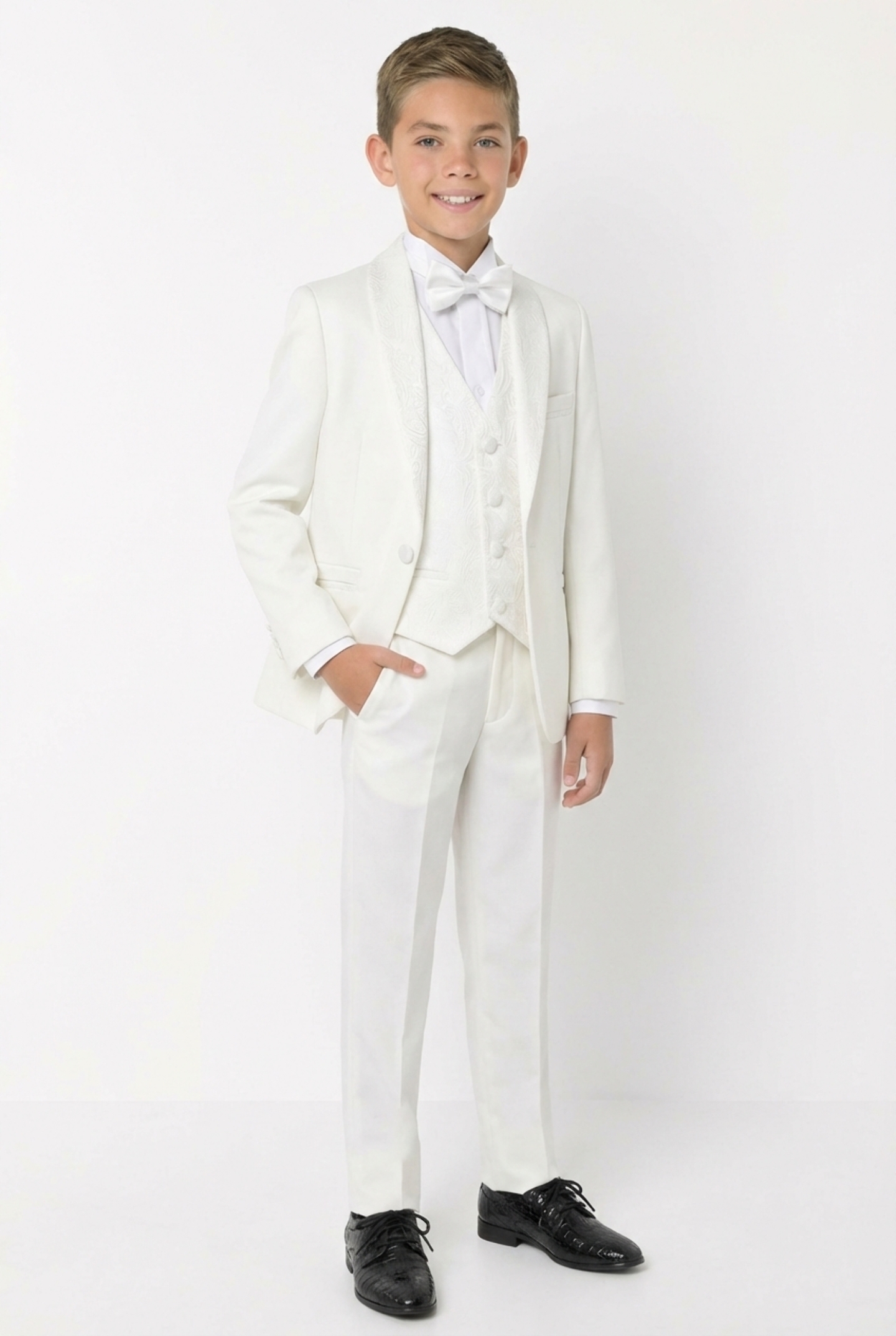 Abraham Ivory Cream Boys 3-Piece Tuxedo Suit with Black Paisley Shawl Lapel & Waistcoat Trousers | Lucys