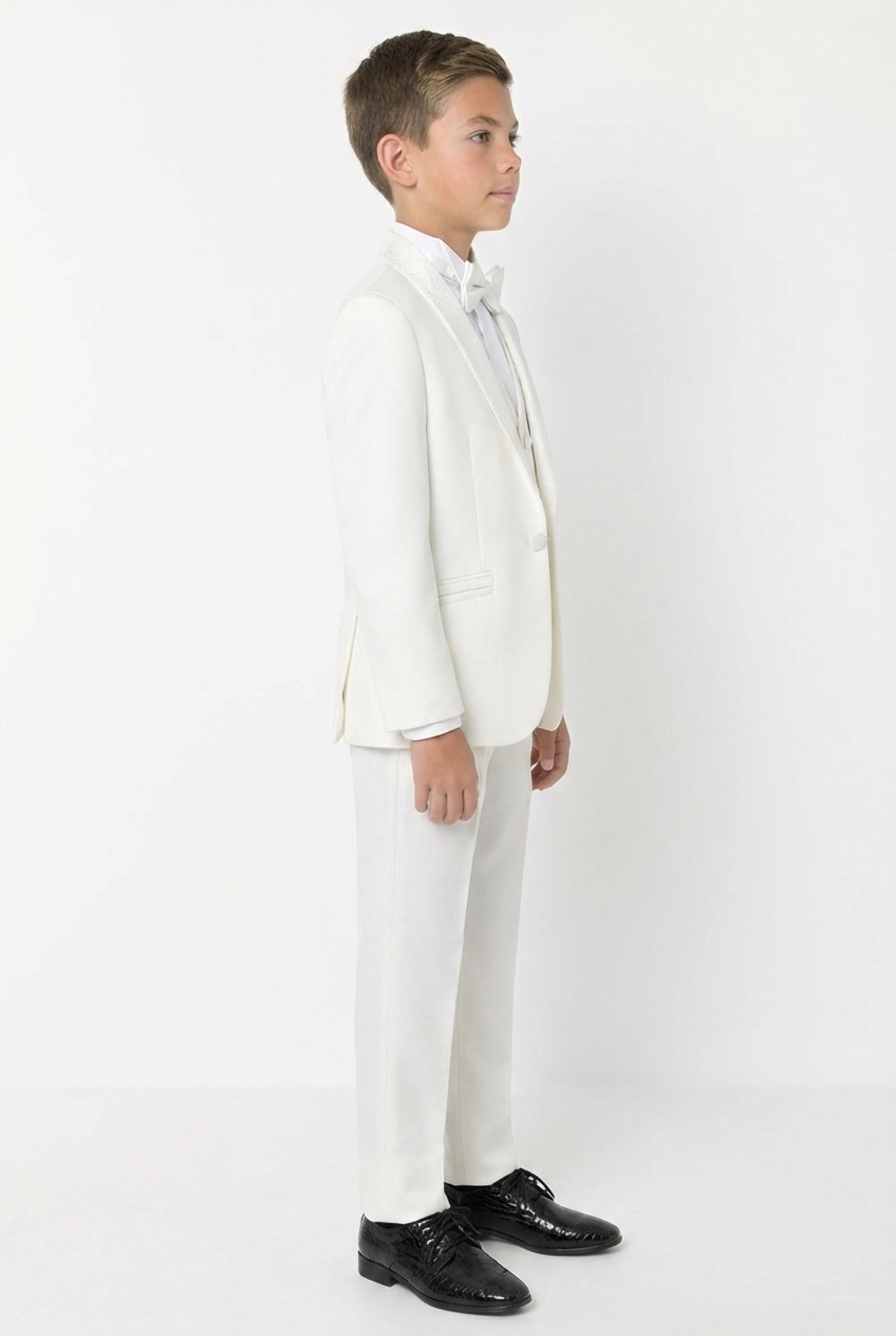 Abraham Ivory Cream Boys 3-Piece Tuxedo Suit with Black Paisley Shawl Lapel & Waistcoat Trousers | Lucys