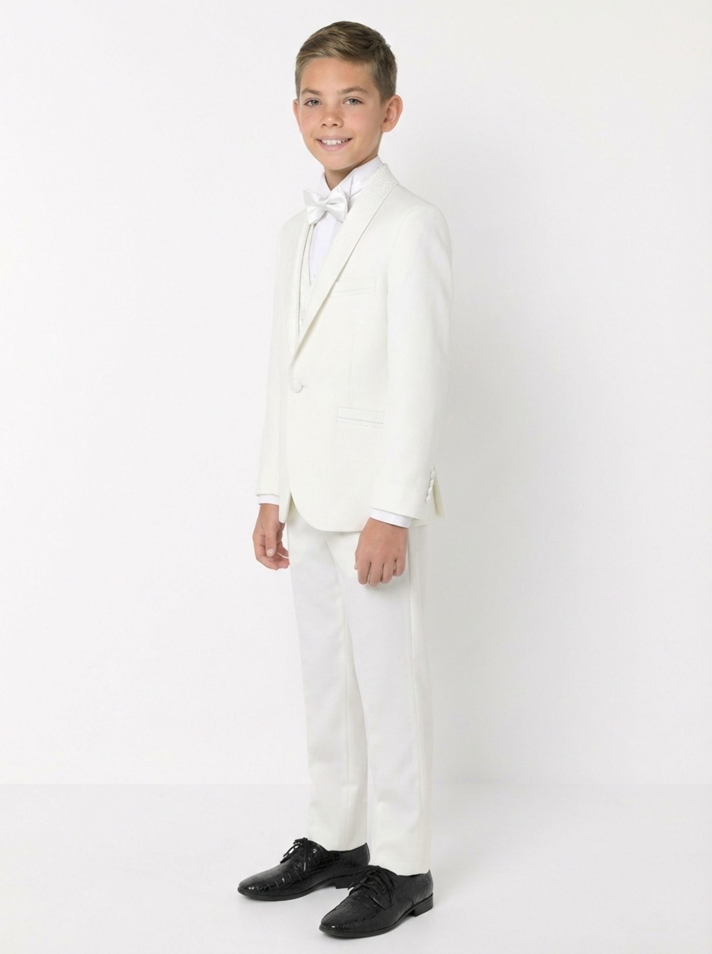 Abraham Ivory Cream Boys 3-Piece Tuxedo Suit with Black Paisley Shawl Lapel & Waistcoat Trousers | Lucys