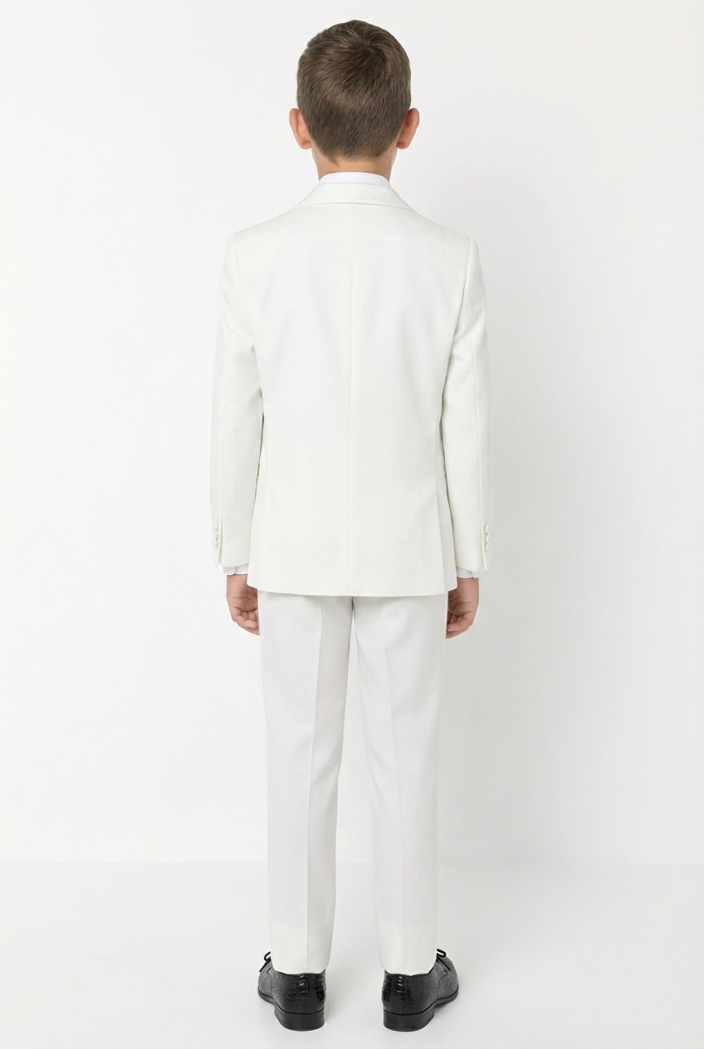 Abraham Ivory Cream Boys 3-Piece Tuxedo Suit with Black Paisley Shawl Lapel & Waistcoat Trousers | Lucys