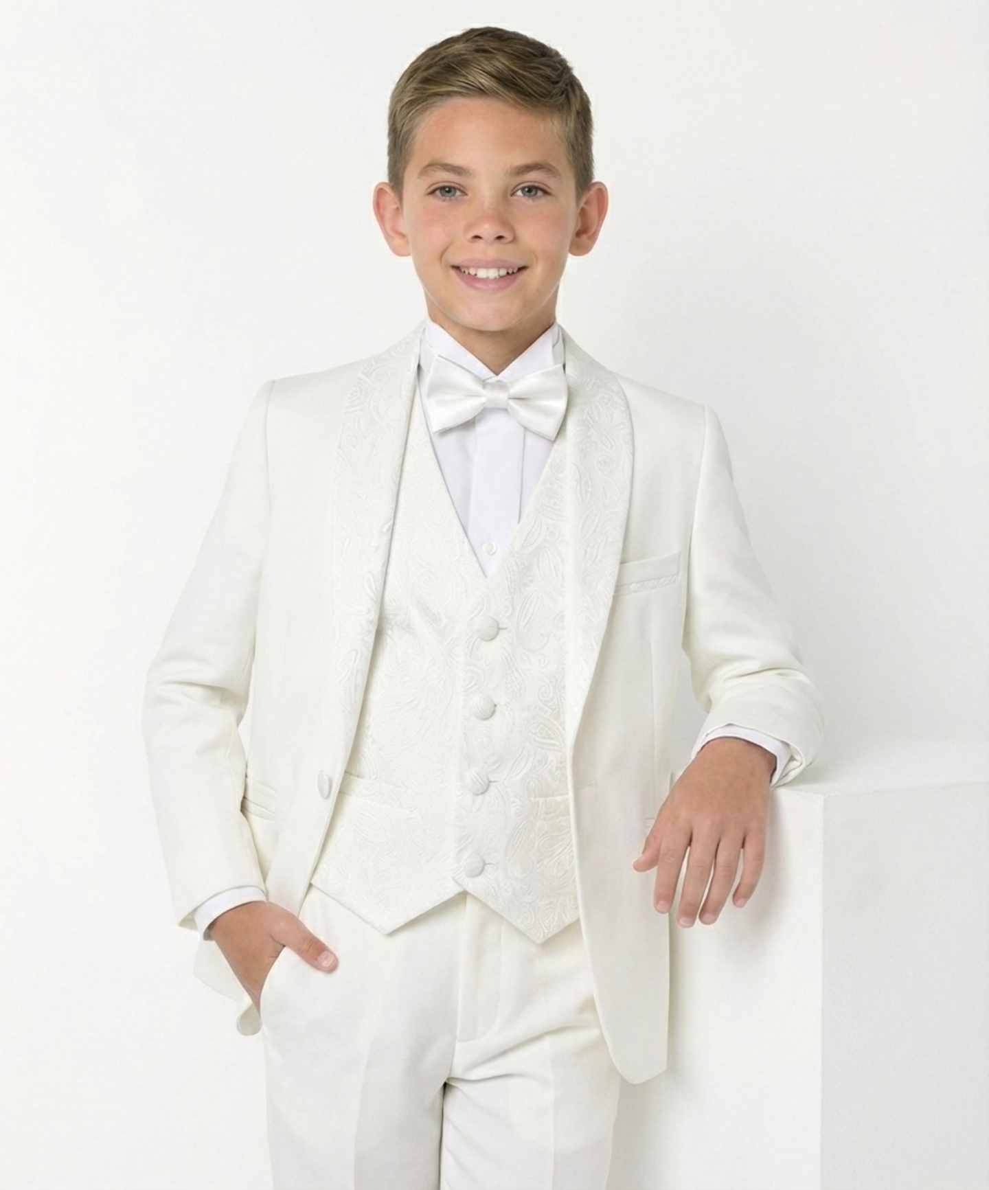 Abraham Ivory Cream Boys 3-Piece Tuxedo Suit with Black Paisley Shawl Lapel & Waistcoat Trousers | Lucys