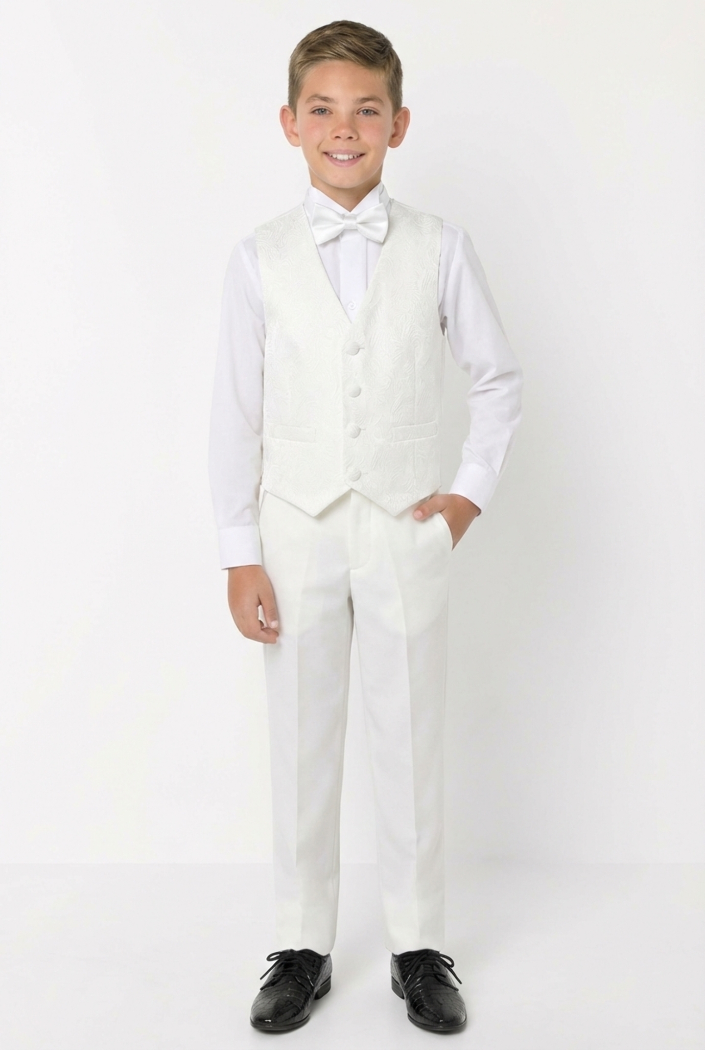 Abraham Ivory Cream Paisley Jacquard Boys Formal V-Neck Waistcoat | Lucys