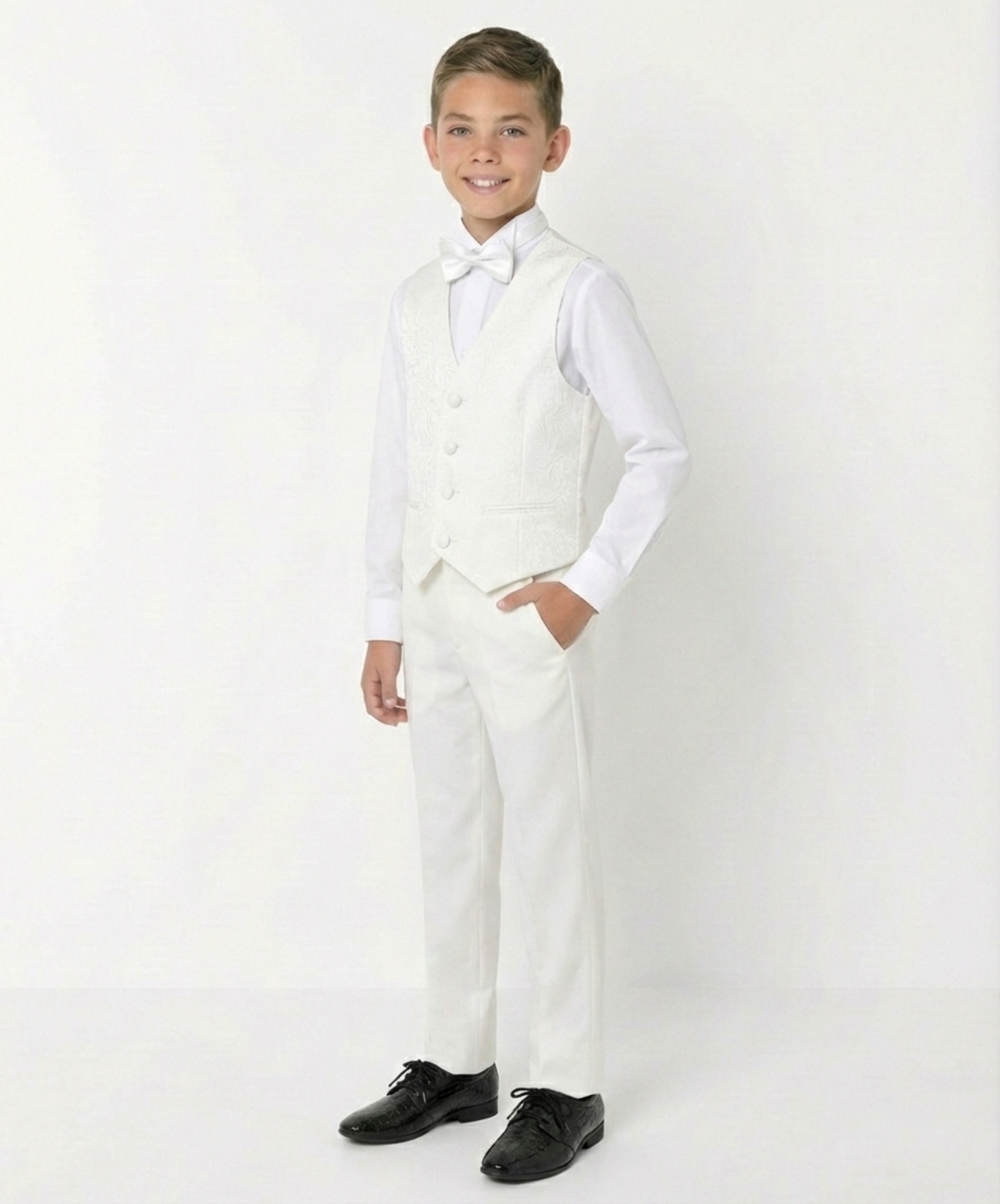 Abraham Ivory Cream Paisley Jacquard Boys Formal V-Neck Waistcoat | Lucys