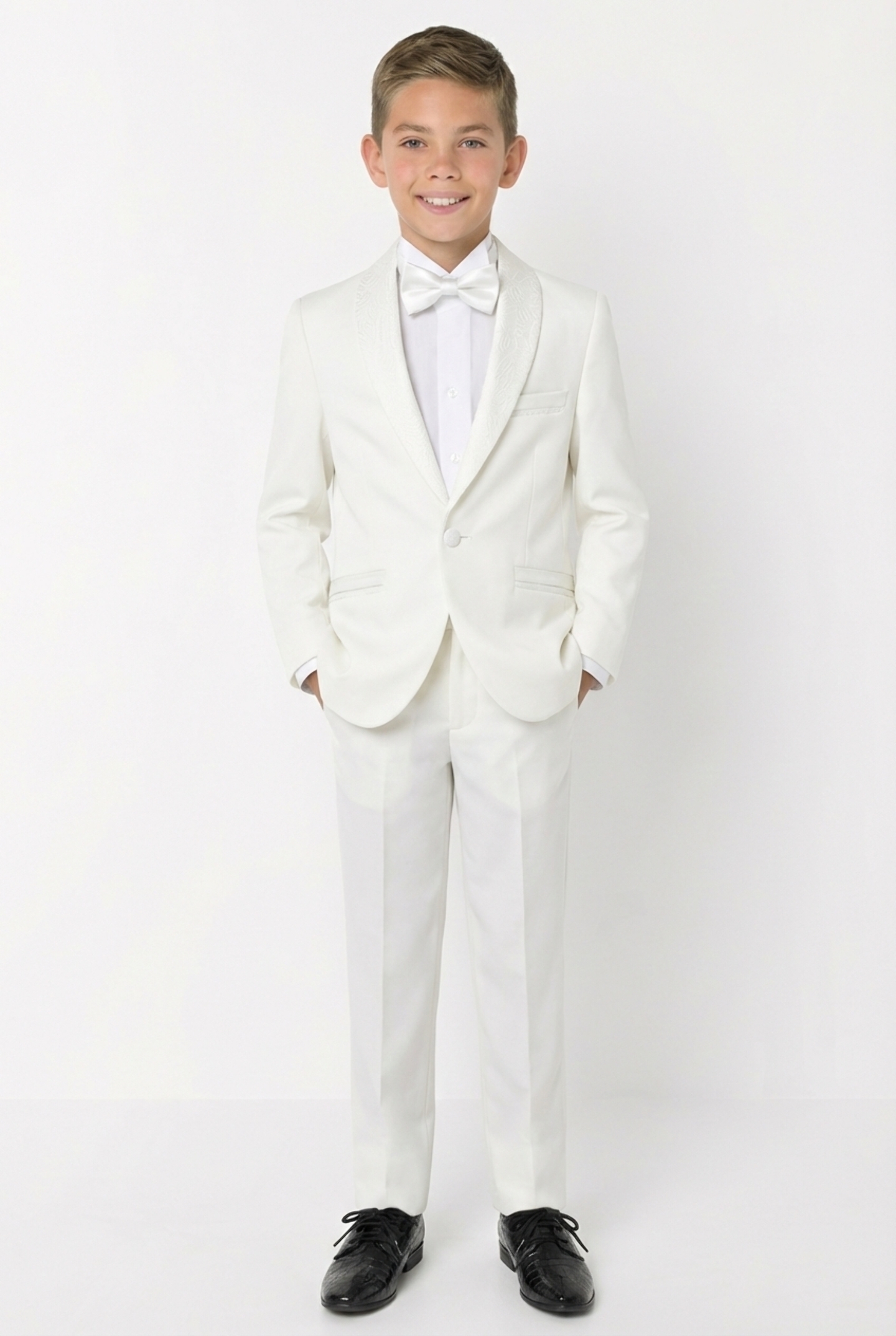Abraham Ivory Cream Boys Tuxedo Blazer with Paisley Shawl Lapel | Lucys