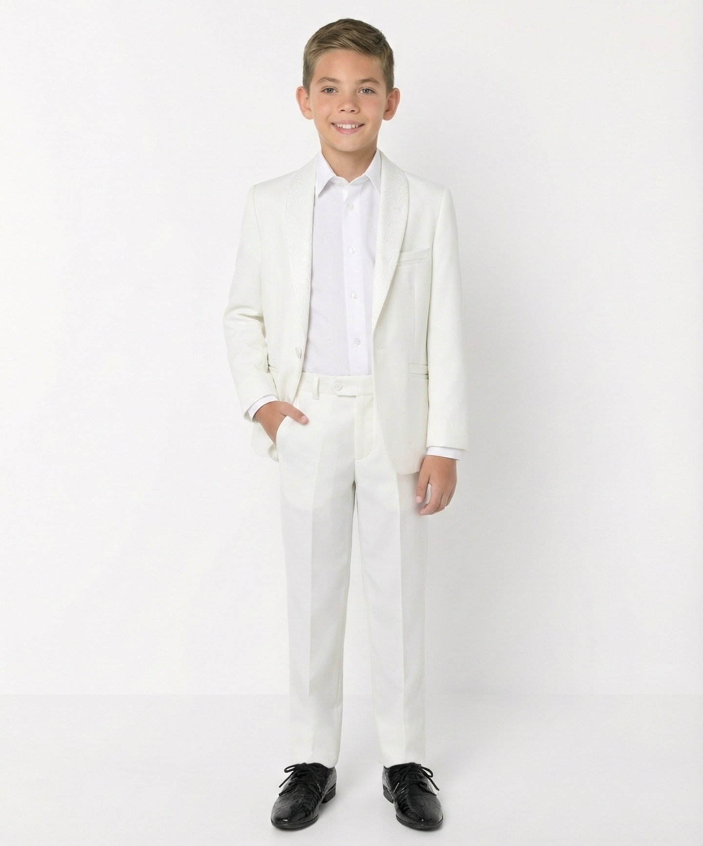Ivory Cream Boys 2-Piece Tuxedo Suit with Paisley Shawl Lapel – Jacket & Trousers | Lucys