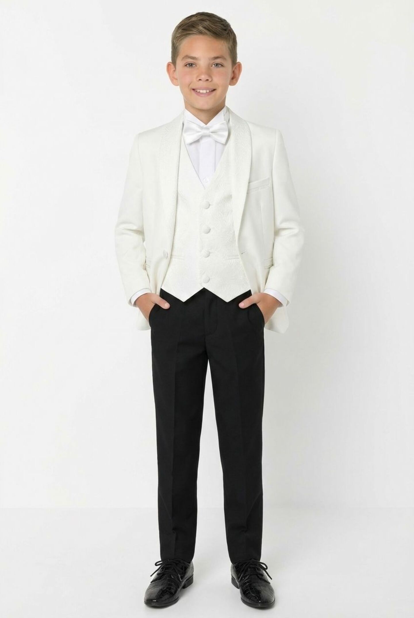 Abraham Ivory Cream Boys 3-Piece Tuxedo Suit with Black Paisley Shawl Lapel & Waistcoat, Black Trousers | Lucy's