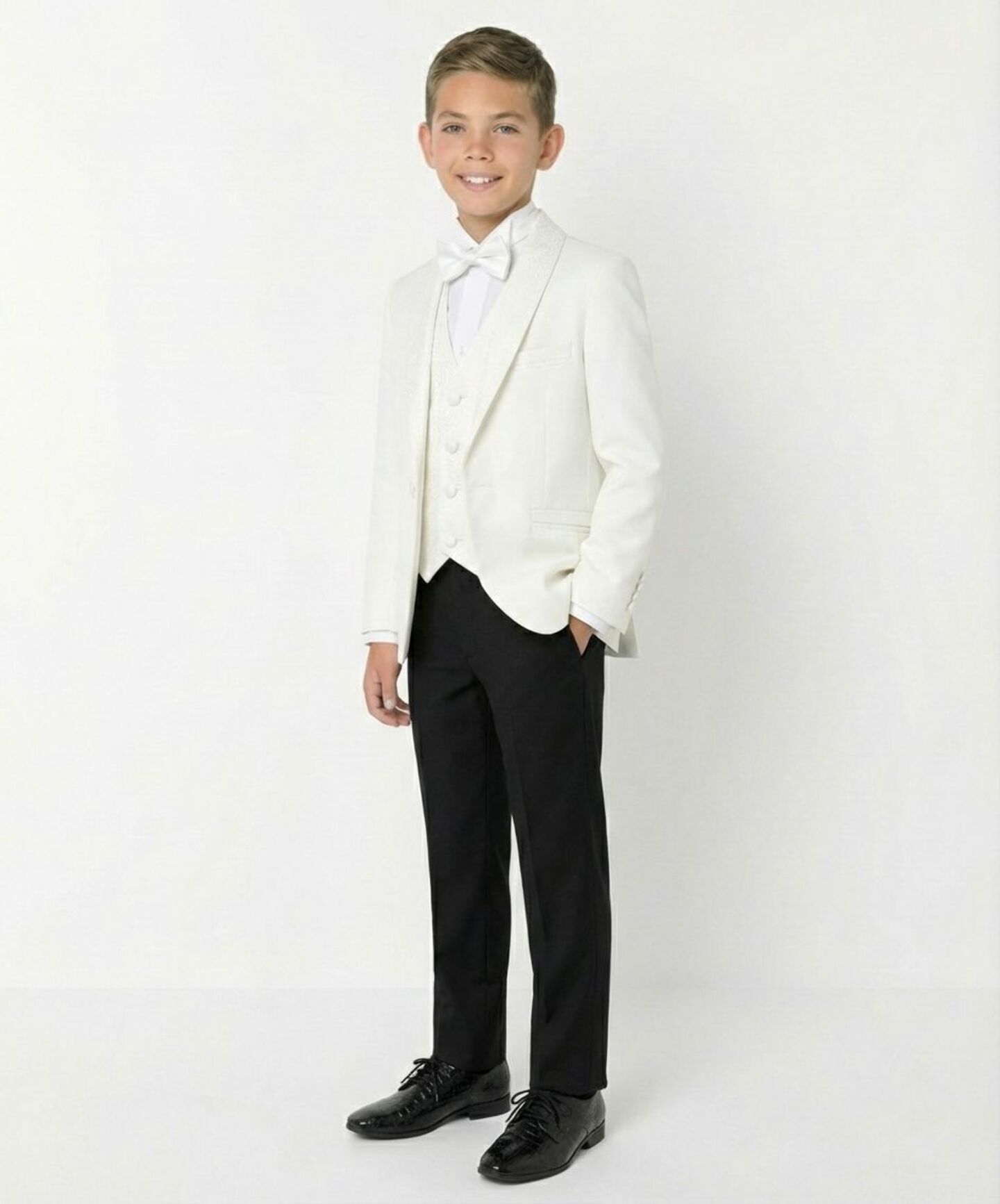 Abraham Ivory Cream Boys 3-Piece Tuxedo Suit with Black Paisley Shawl Lapel & Waistcoat, Black Trousers | Lucy's