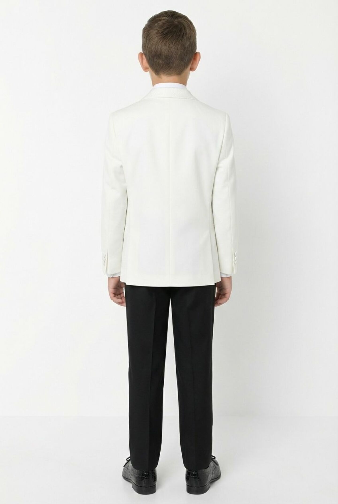 Abraham Ivory Cream Boys 3-Piece Tuxedo Suit with Black Paisley Shawl Lapel & Waistcoat, Black Trousers | Lucy's