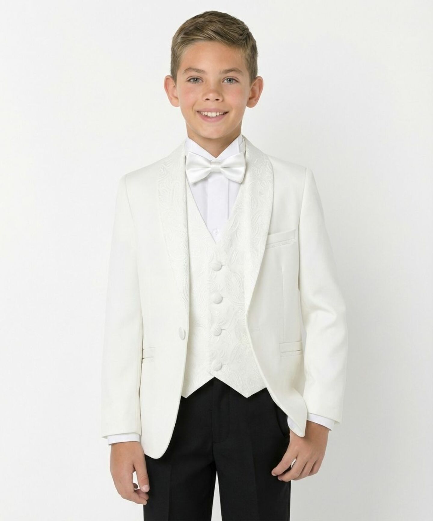 Abraham Ivory Cream Boys 3-Piece Tuxedo Suit with Black Paisley Shawl Lapel & Waistcoat, Black Trousers | Lucy's
