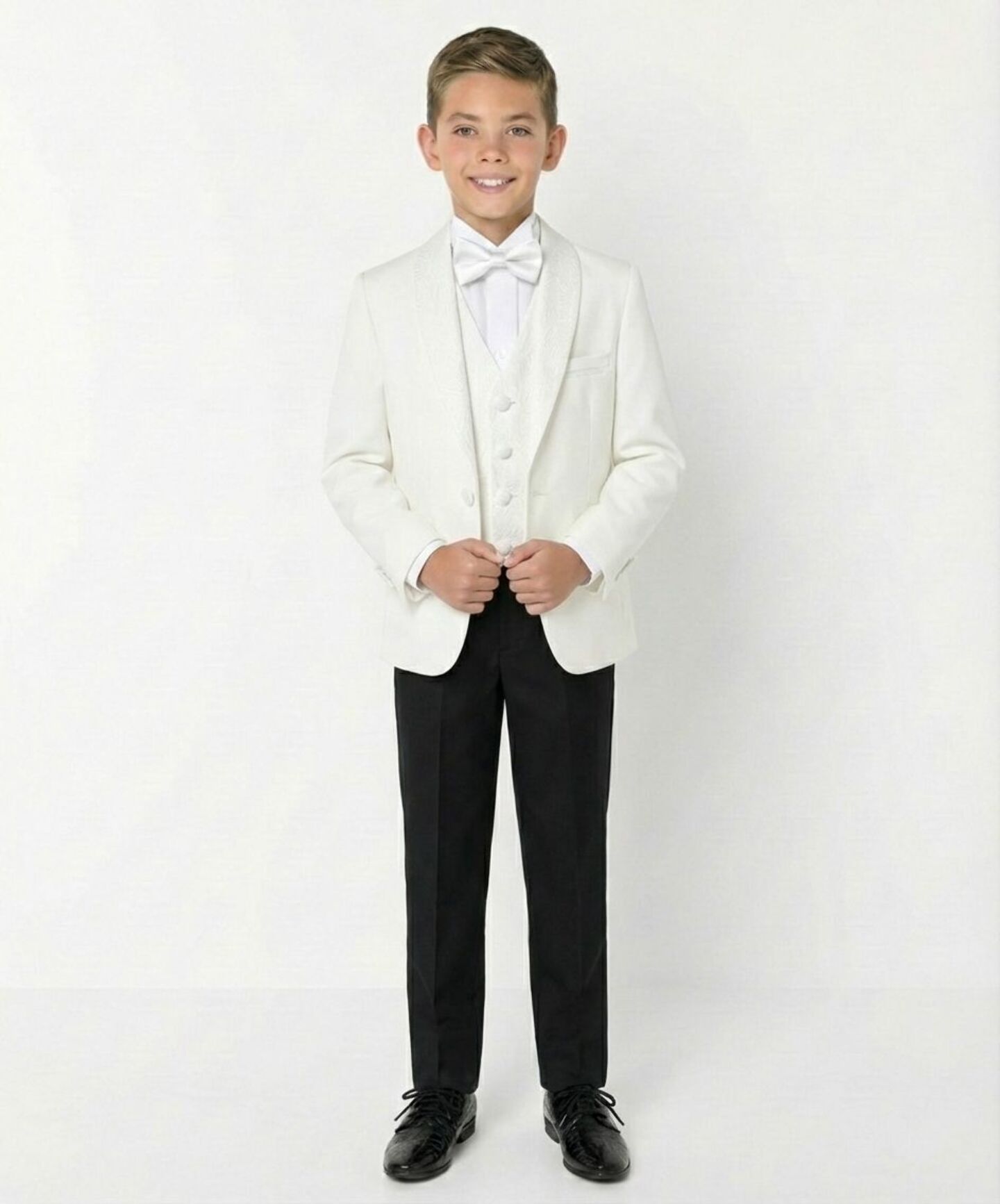 Abraham Ivory Cream Boys 3-Piece Tuxedo Suit with Black Paisley Shawl Lapel & Waistcoat, Black Trousers | Lucy's