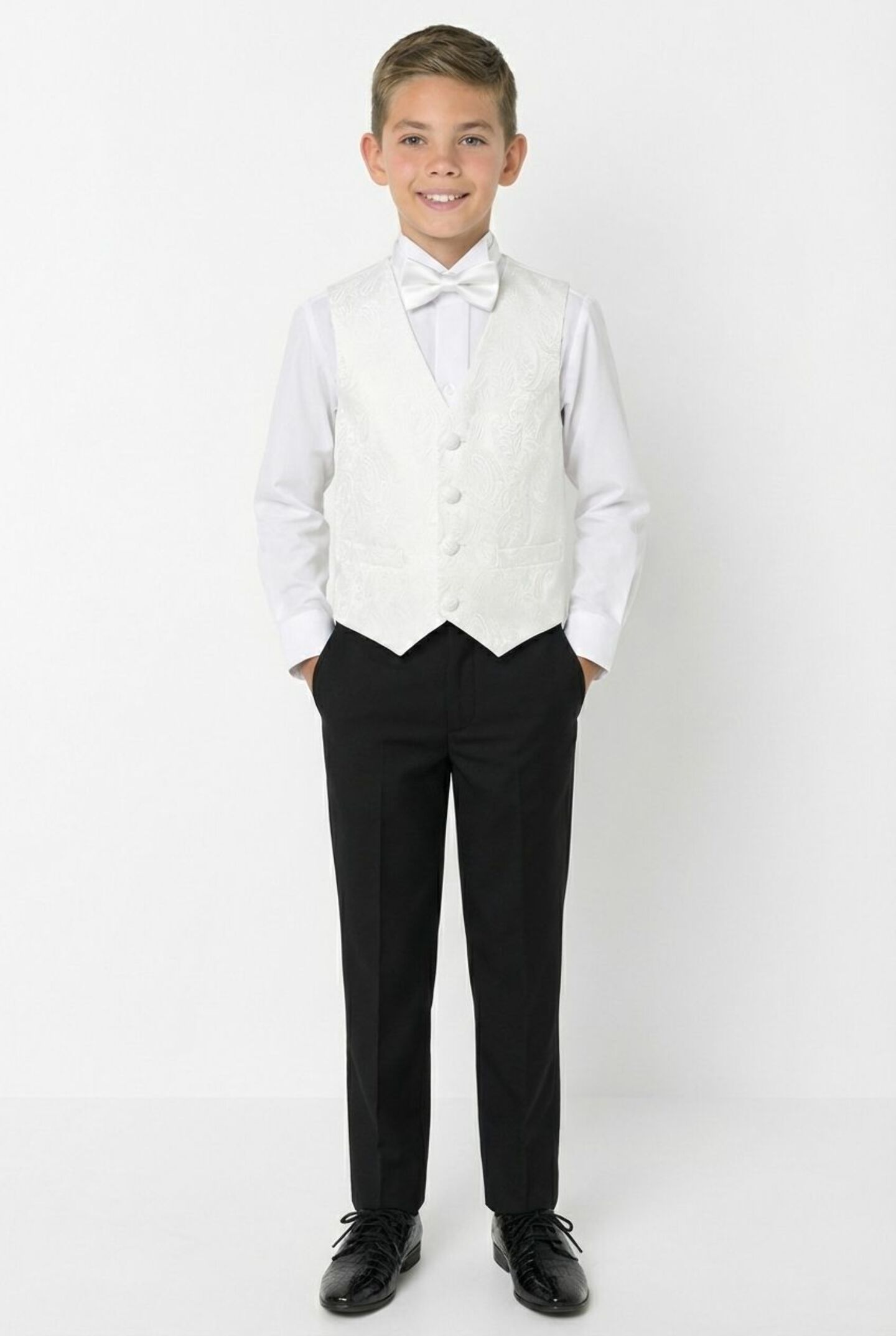 Abraham Ivory Cream Boys 3-Piece Tuxedo Suit with Black Paisley Shawl Lapel & Waistcoat, Black Trousers | Lucy's