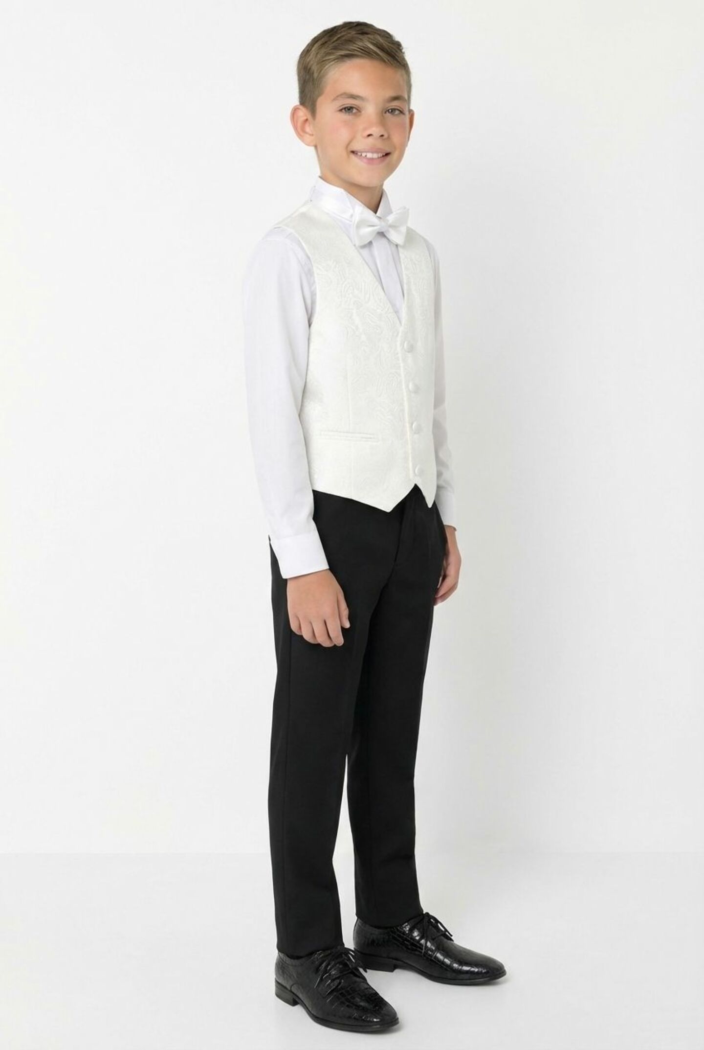 Abraham Ivory Cream Boys 3-Piece Tuxedo Suit with Black Paisley Shawl Lapel & Waistcoat, Black Trousers | Lucy's