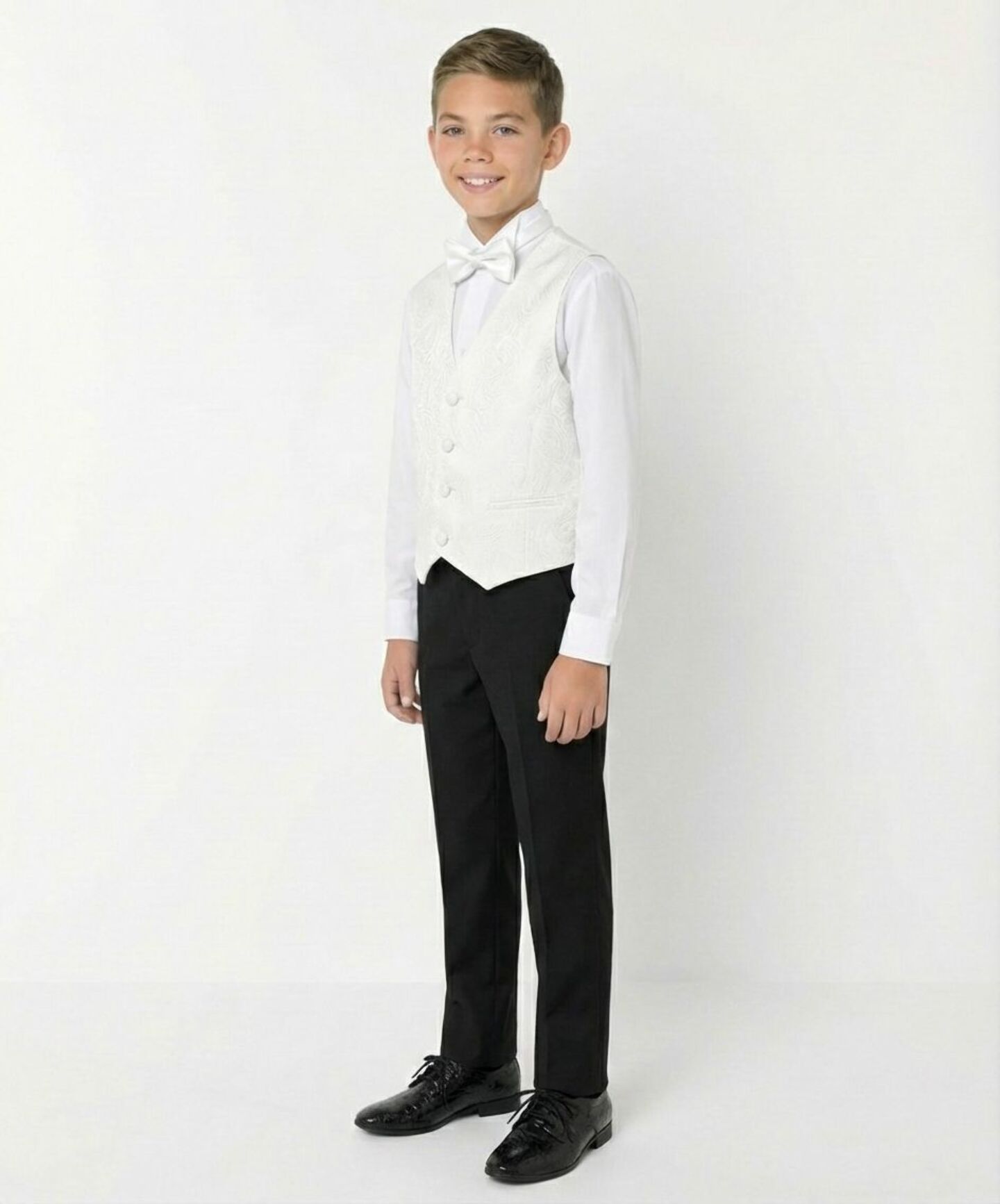 Ivory Cream Paisley Waistcoat & Black Trousers Boys 2-Piece Set | Lucy's