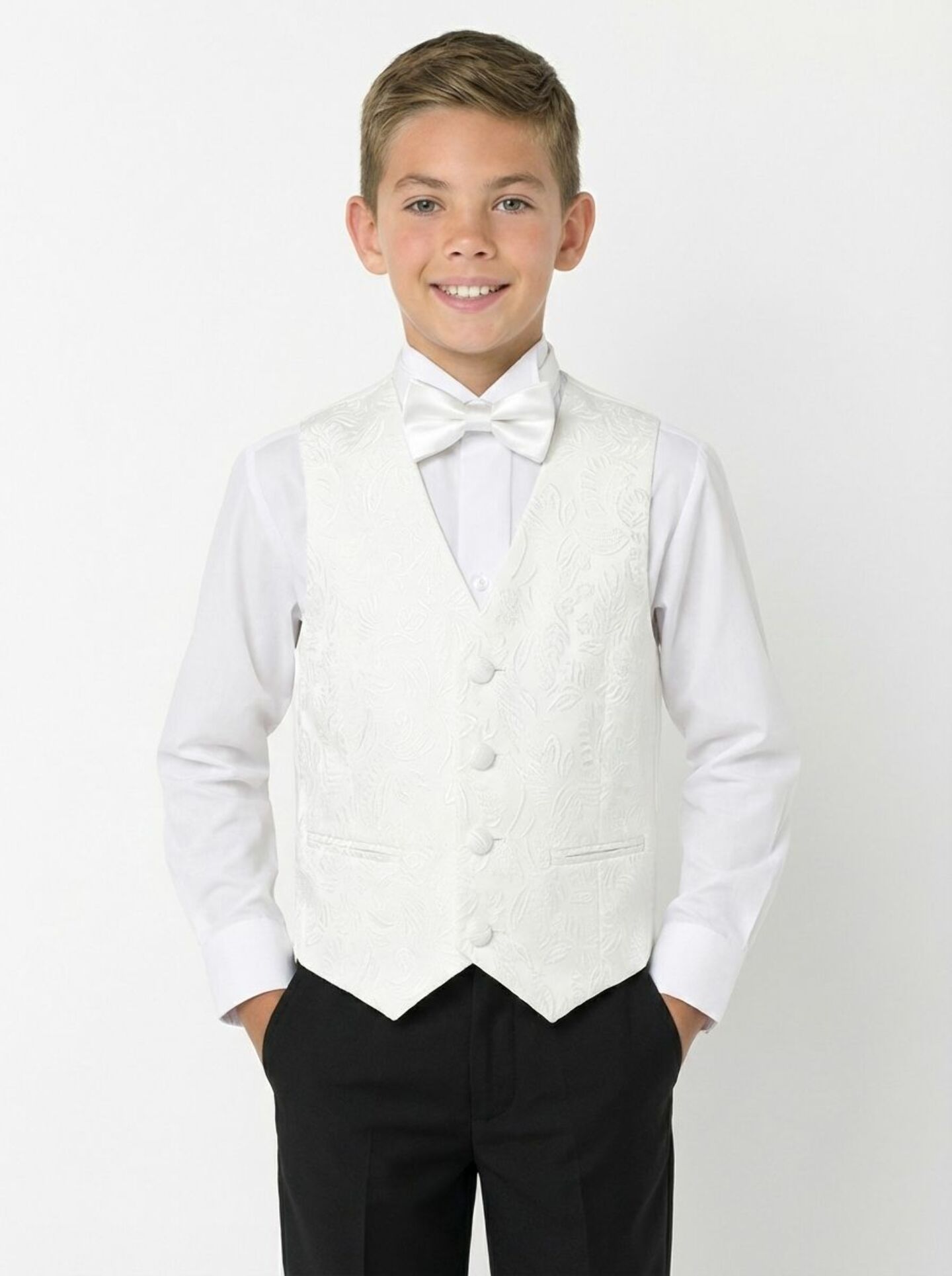 Ivory Cream Paisley Waistcoat & Black Trousers Boys 2-Piece Set | Lucy's