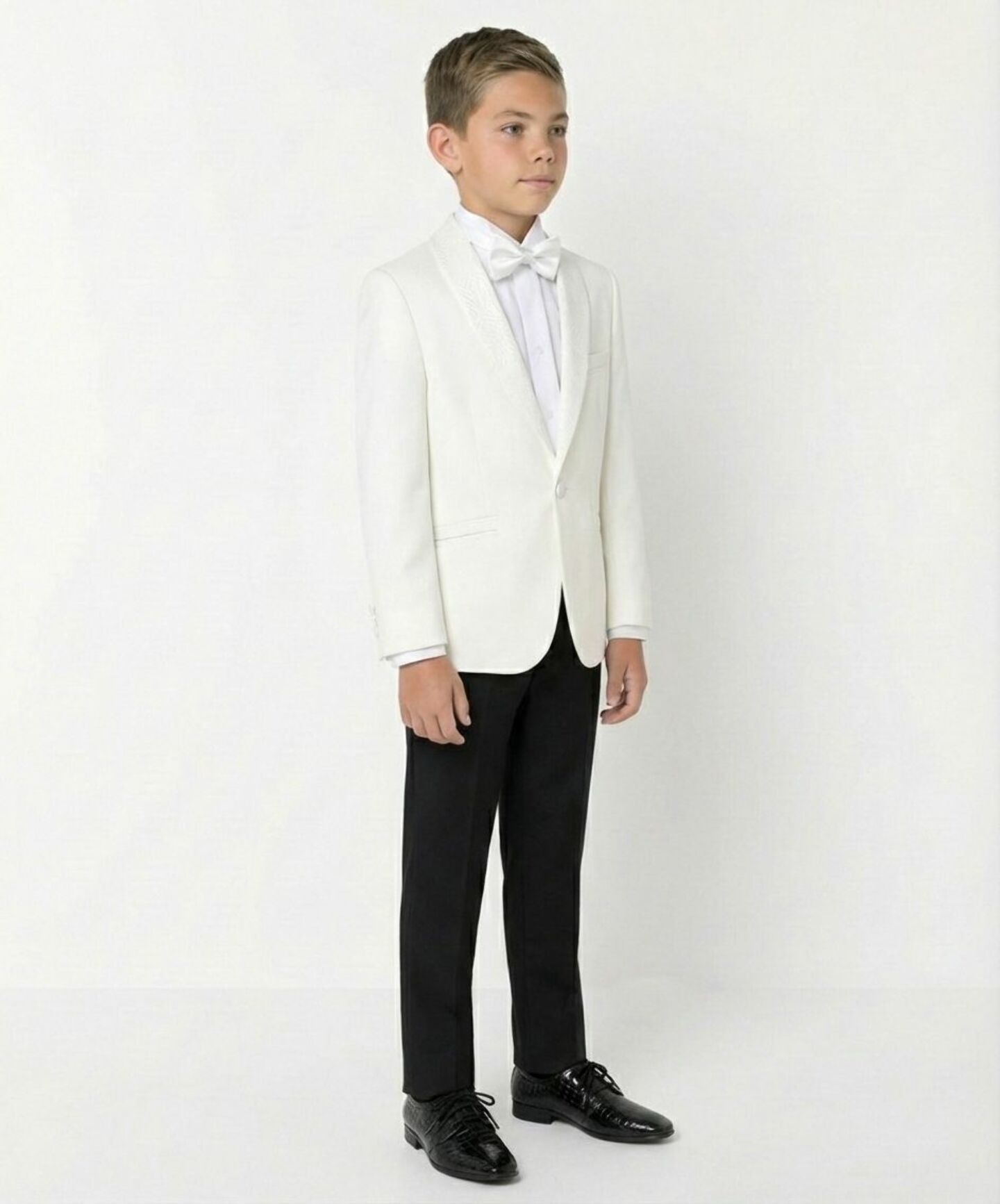 Ivory Cream Boys 2-Piece Tuxedo Suit with Paisley Shawl Lapel – Jacket & Black Trousers | Lucy's