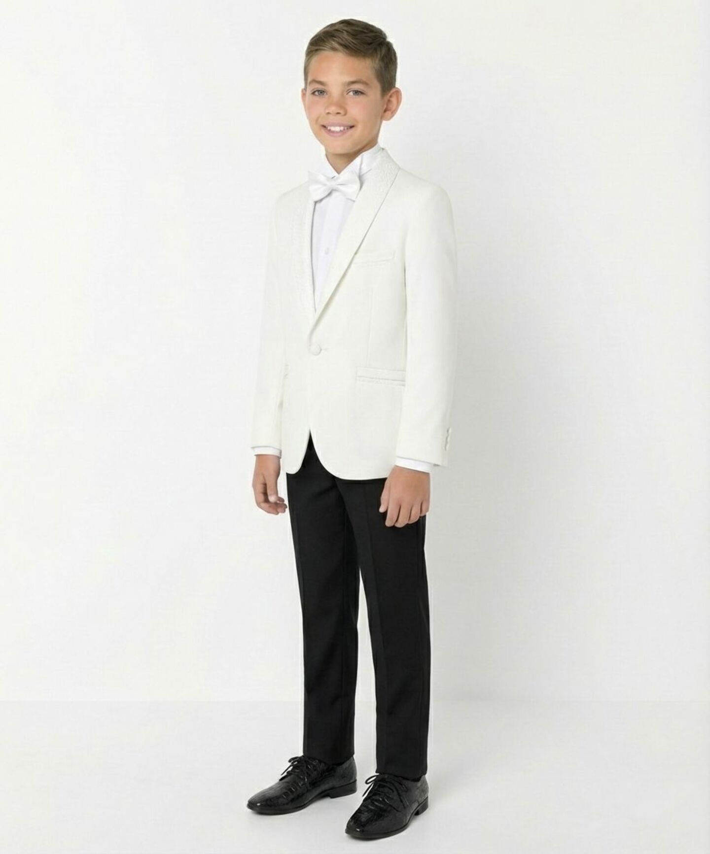 Ivory Cream Boys 2-Piece Tuxedo Suit with Paisley Shawl Lapel – Jacket & Black Trousers | Lucy's