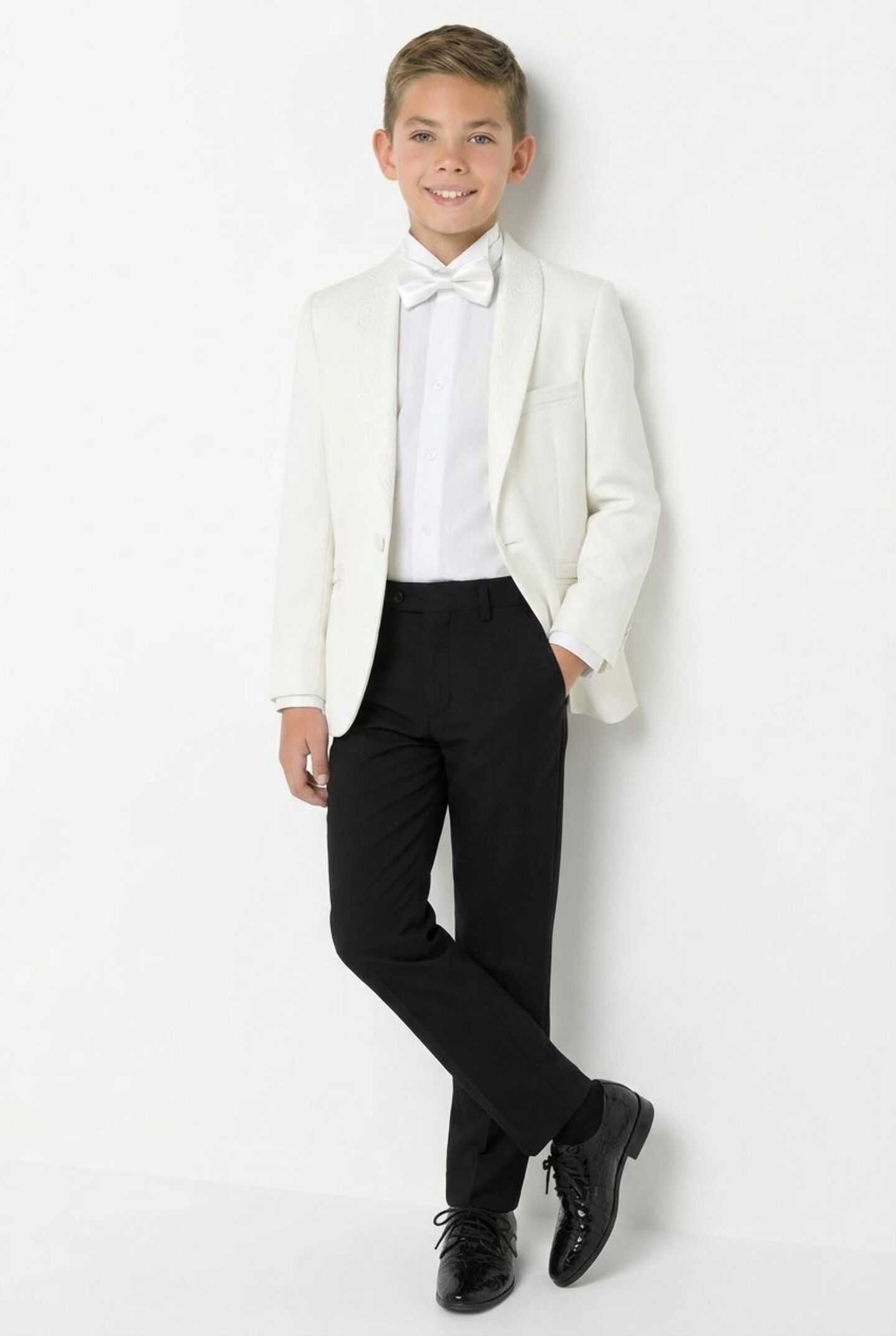 Ivory Cream Boys 2-Piece Tuxedo Suit with Paisley Shawl Lapel – Jacket & Black Trousers | Lucy's