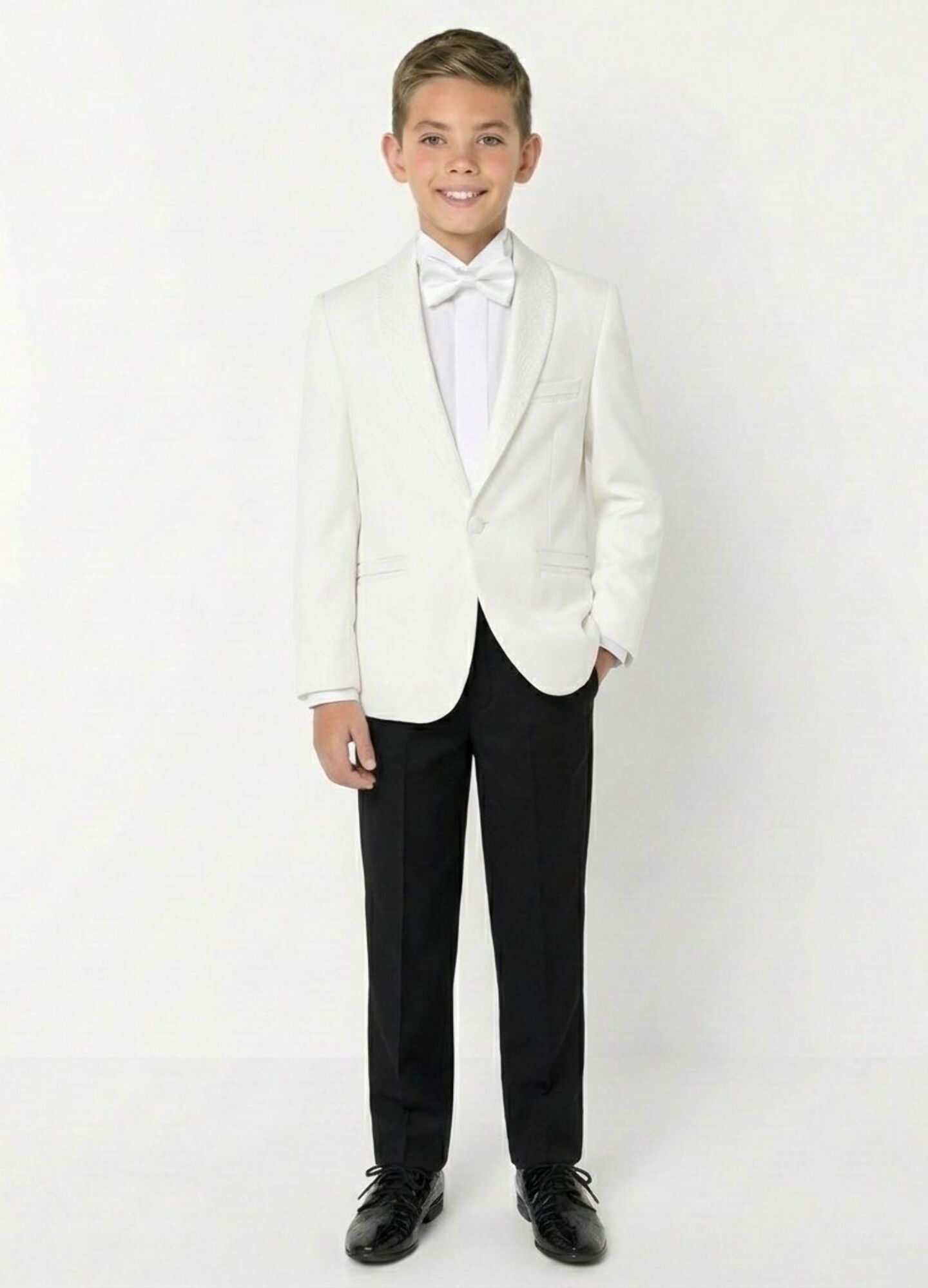 Ivory Cream Boys 2-Piece Tuxedo Suit with Paisley Shawl Lapel – Jacket & Black Trousers | Lucy's
