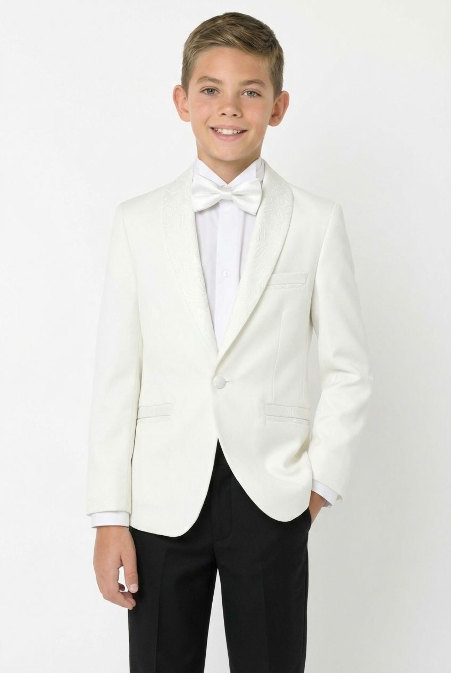Ivory Cream Boys 2-Piece Tuxedo Suit with Paisley Shawl Lapel – Jacket & Black Trousers | Lucy's
