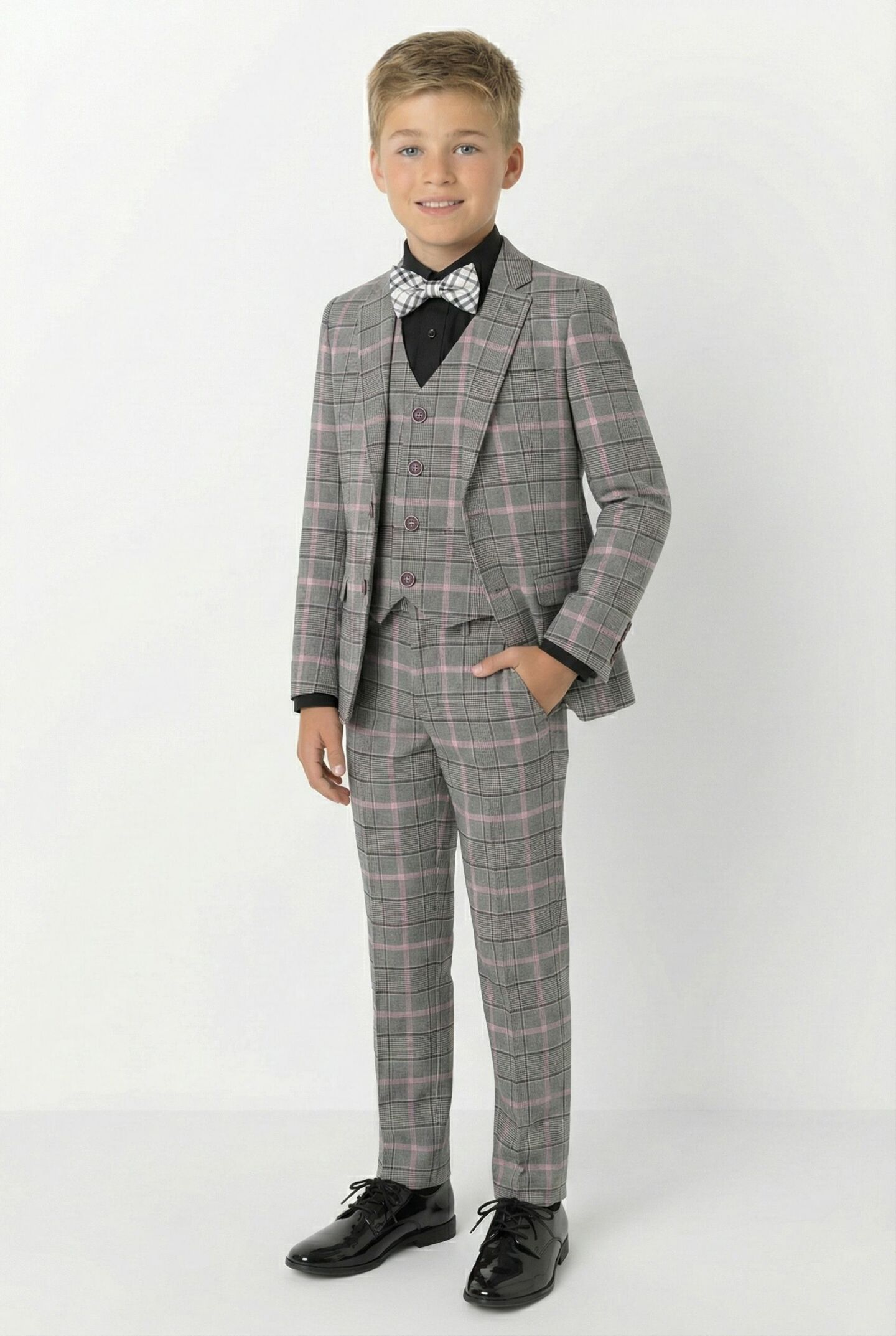 Antonio Grey Pink Check 3-Piece Boys Formal Suit Jacket, Waistcoat & Trousers | Lucys