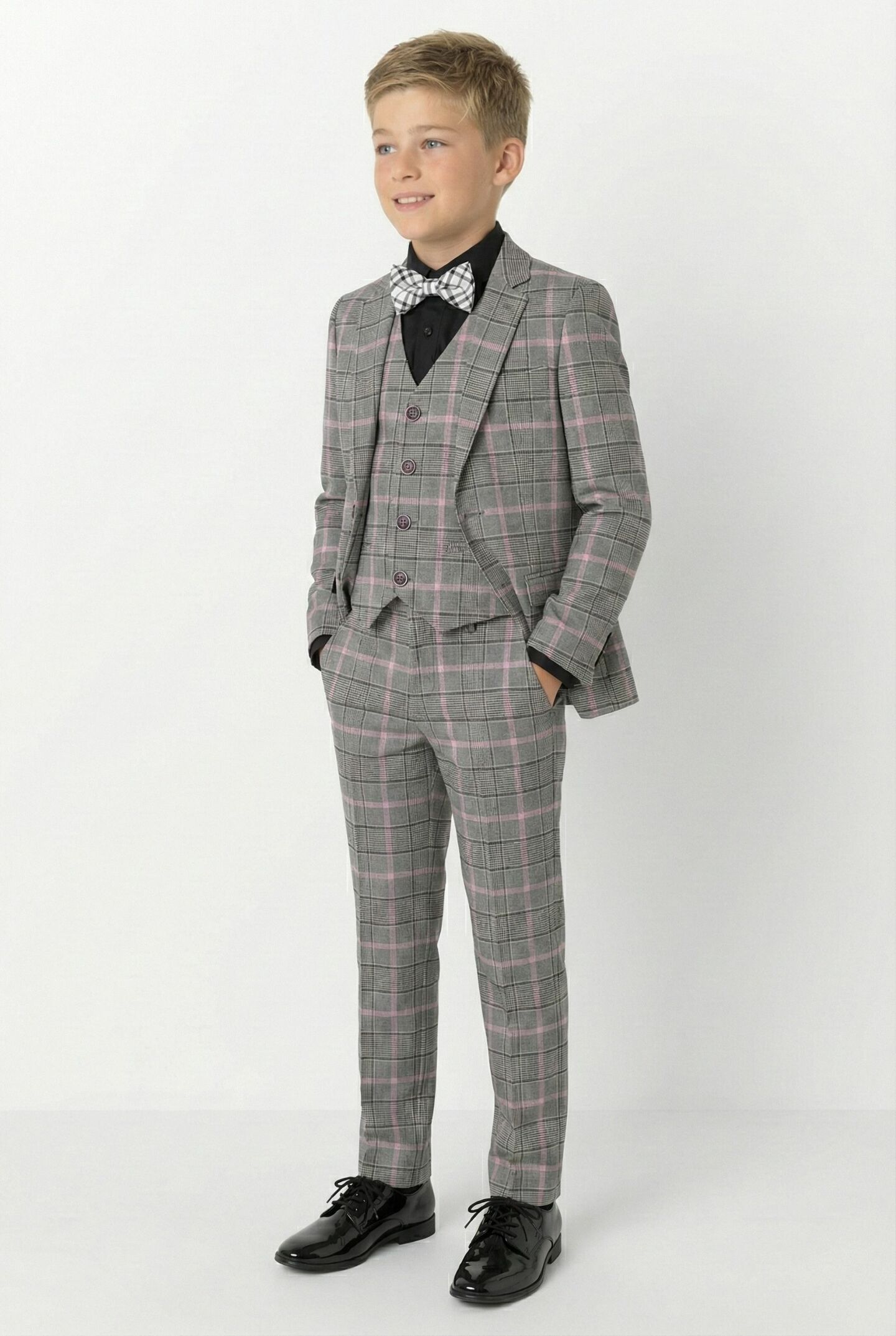 Antonio Grey Pink Check 3-Piece Boys Formal Suit Jacket, Waistcoat & Trousers | Lucys