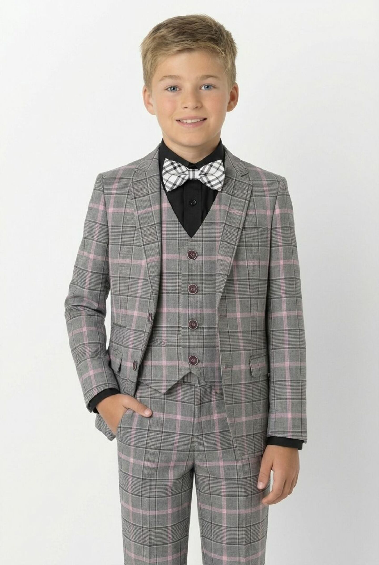 Antonio Grey Pink Check 3-Piece Boys Formal Suit Jacket, Waistcoat & Trousers | Lucys