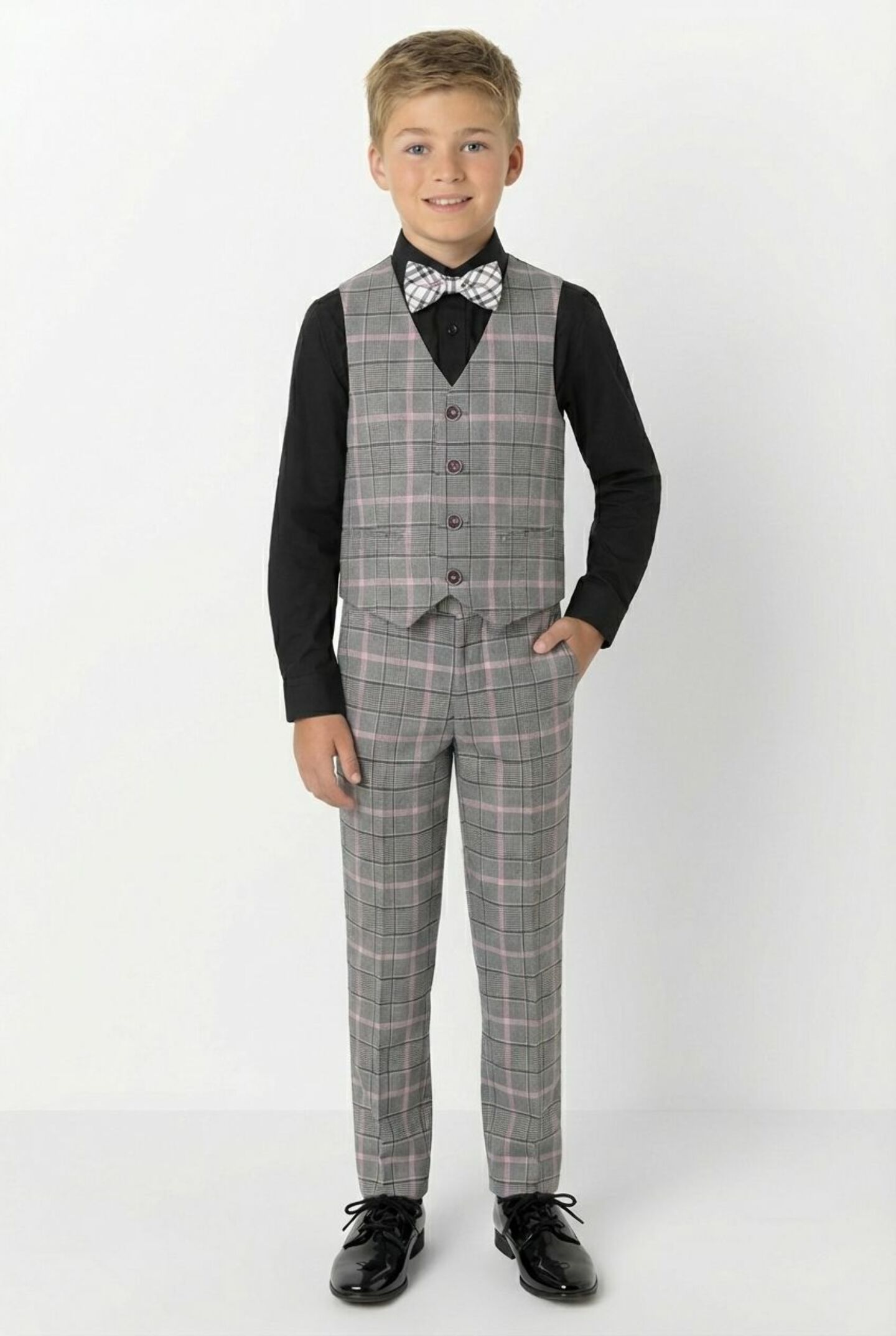 Antonio Grey Pink Check V-neck Boys Formal Waistcoat | Lucys