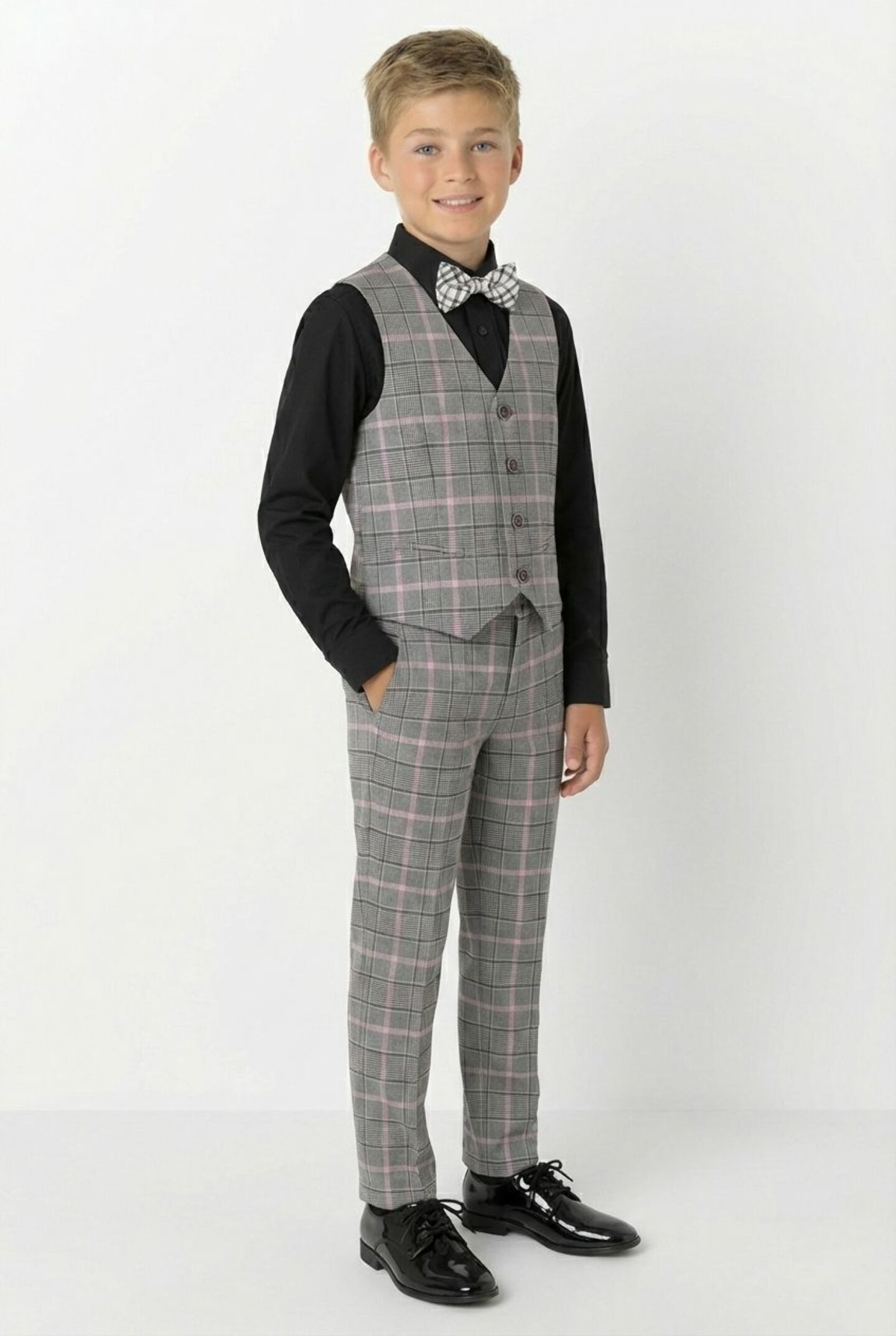 Antonio Grey Pink Check V-neck Boys Formal Waistcoat | Lucys