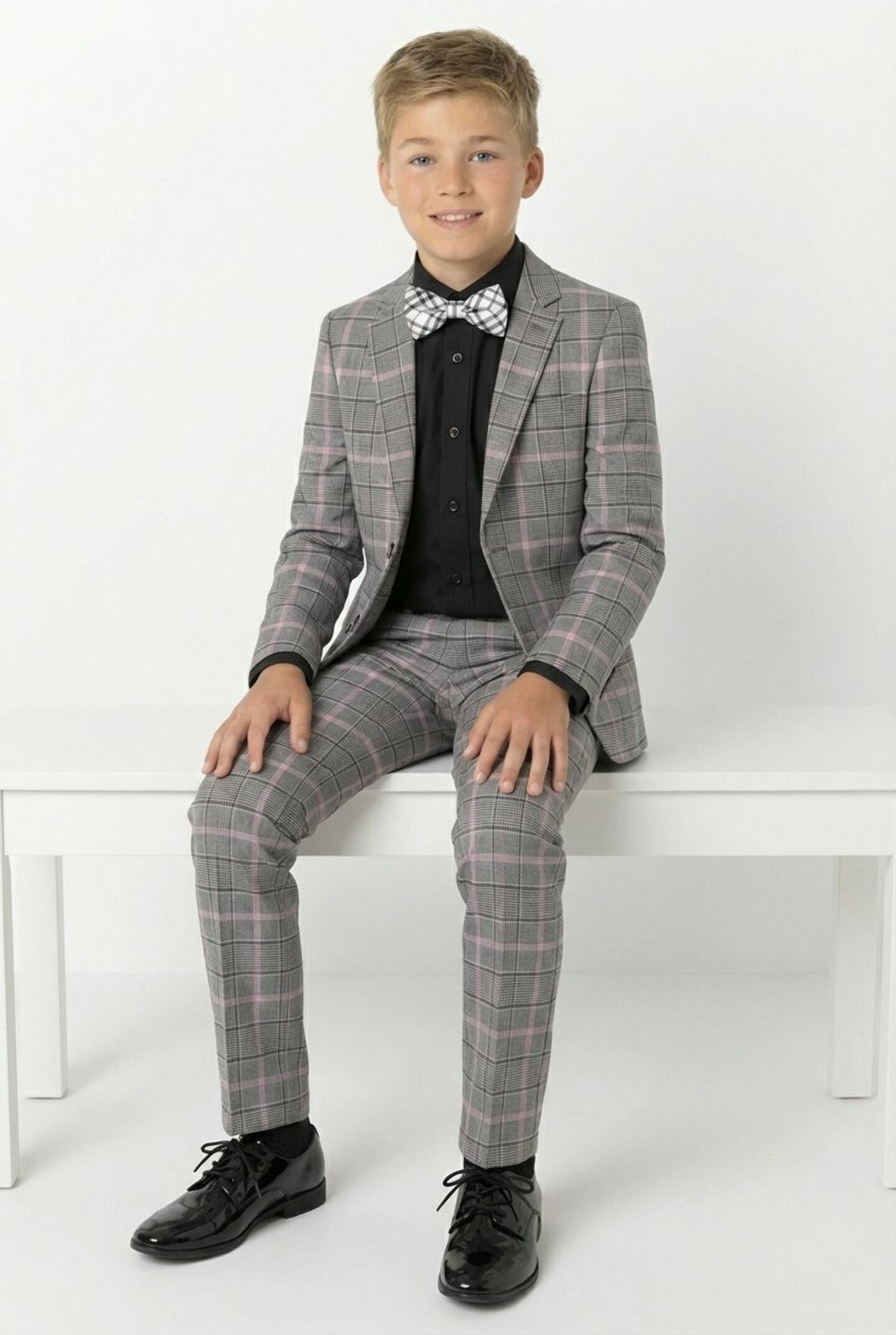 Antonio Grey Pink Check 2-Piece Boys Suit Blazer & Trousers | Lucys
