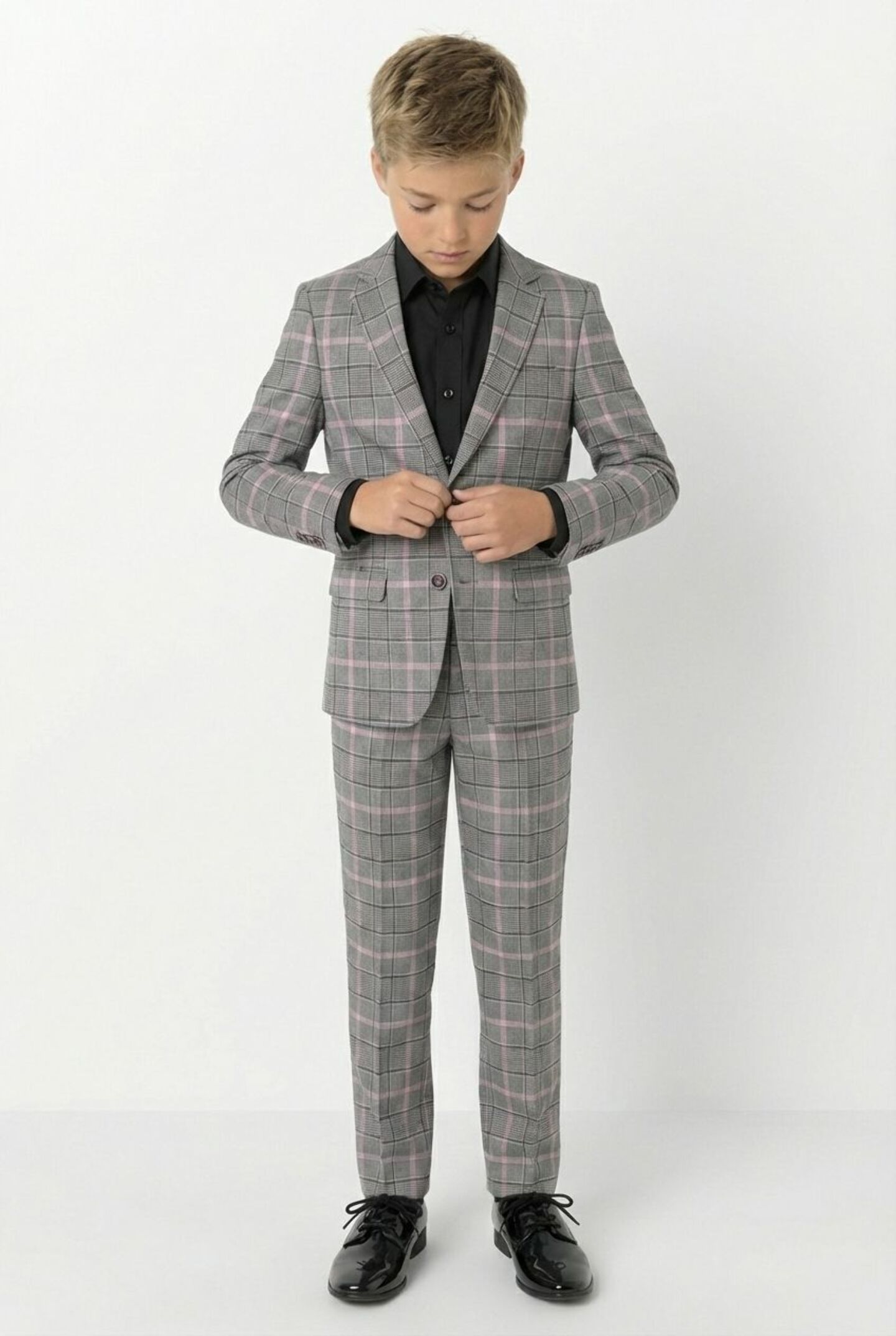 Antonio Grey Pink Check 2-Piece Boys Suit Blazer & Trousers | Lucys