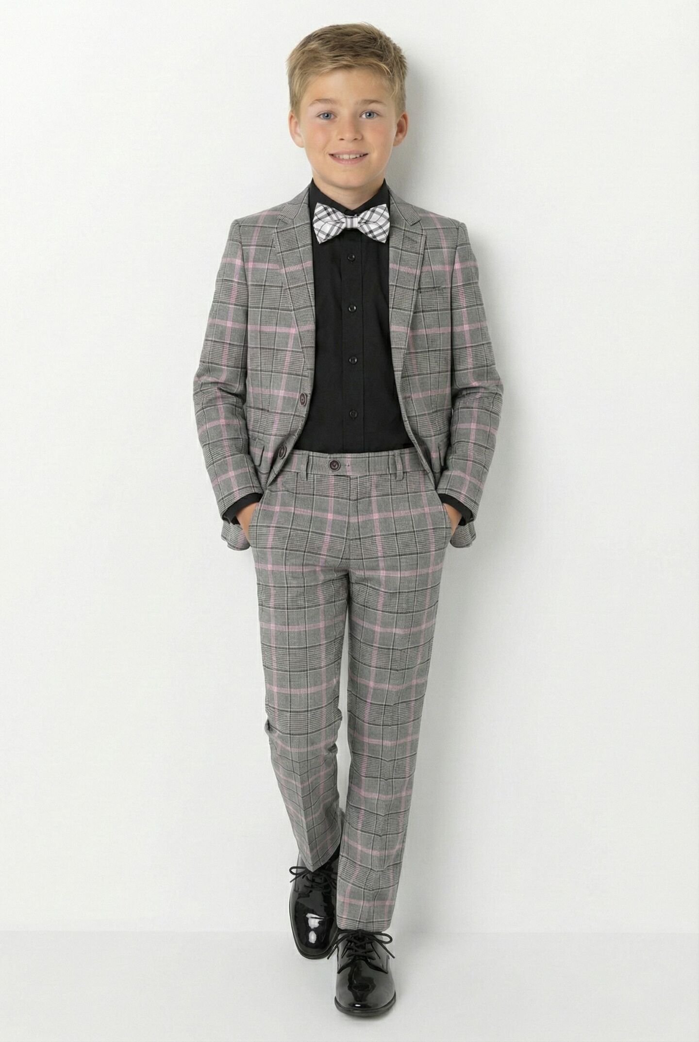 Antonio Grey Pink Check 2-Piece Boys Suit Blazer & Trousers | Lucys