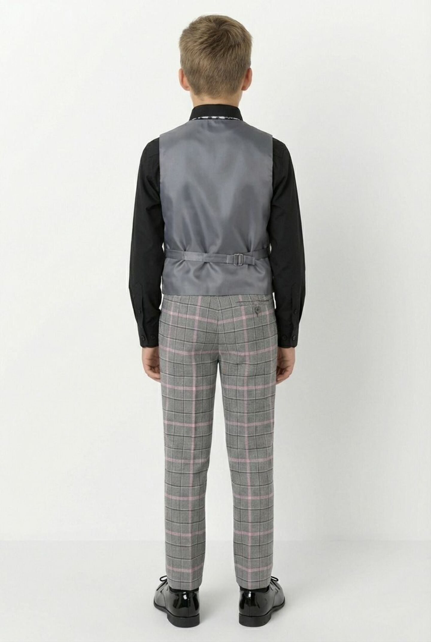 Antonio Grey Pink Check V-neck Boys Formal Waistcoat | Lucys