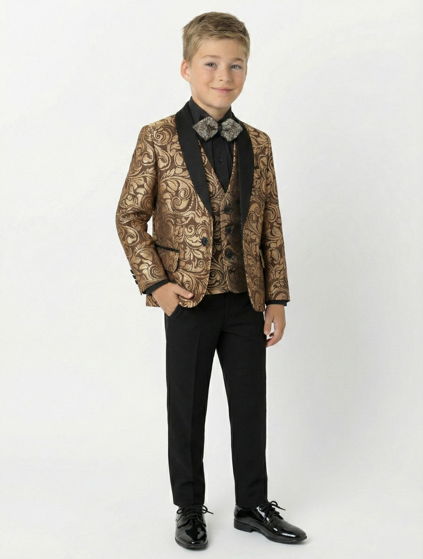 Robert Bronze Jacquard 3-Piece Boys Formal Suit Jacket, Waistcoat & Trousers | Lucys