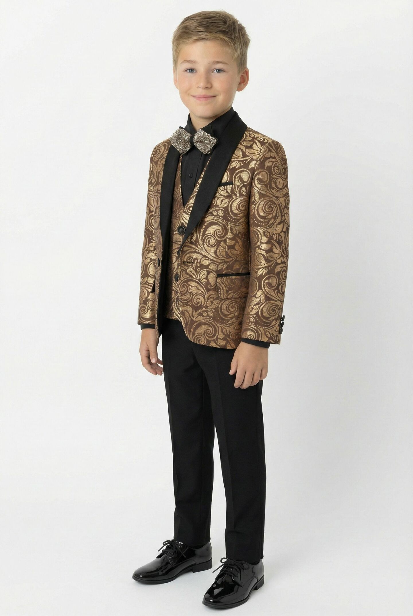 Robert Bronze Jacquard 3-Piece Boys Formal Suit Jacket, Waistcoat & Trousers | Lucys