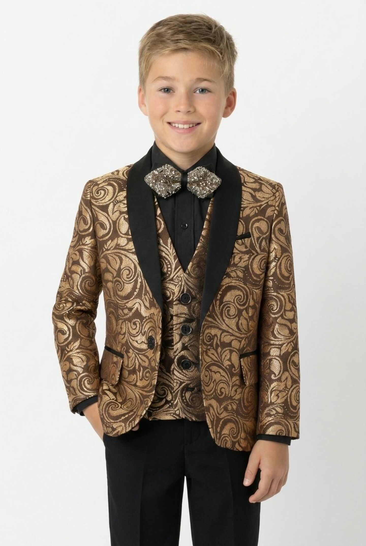 Robert Bronze Jacquard 3-Piece Boys Formal Suit Jacket, Waistcoat & Trousers | Lucys