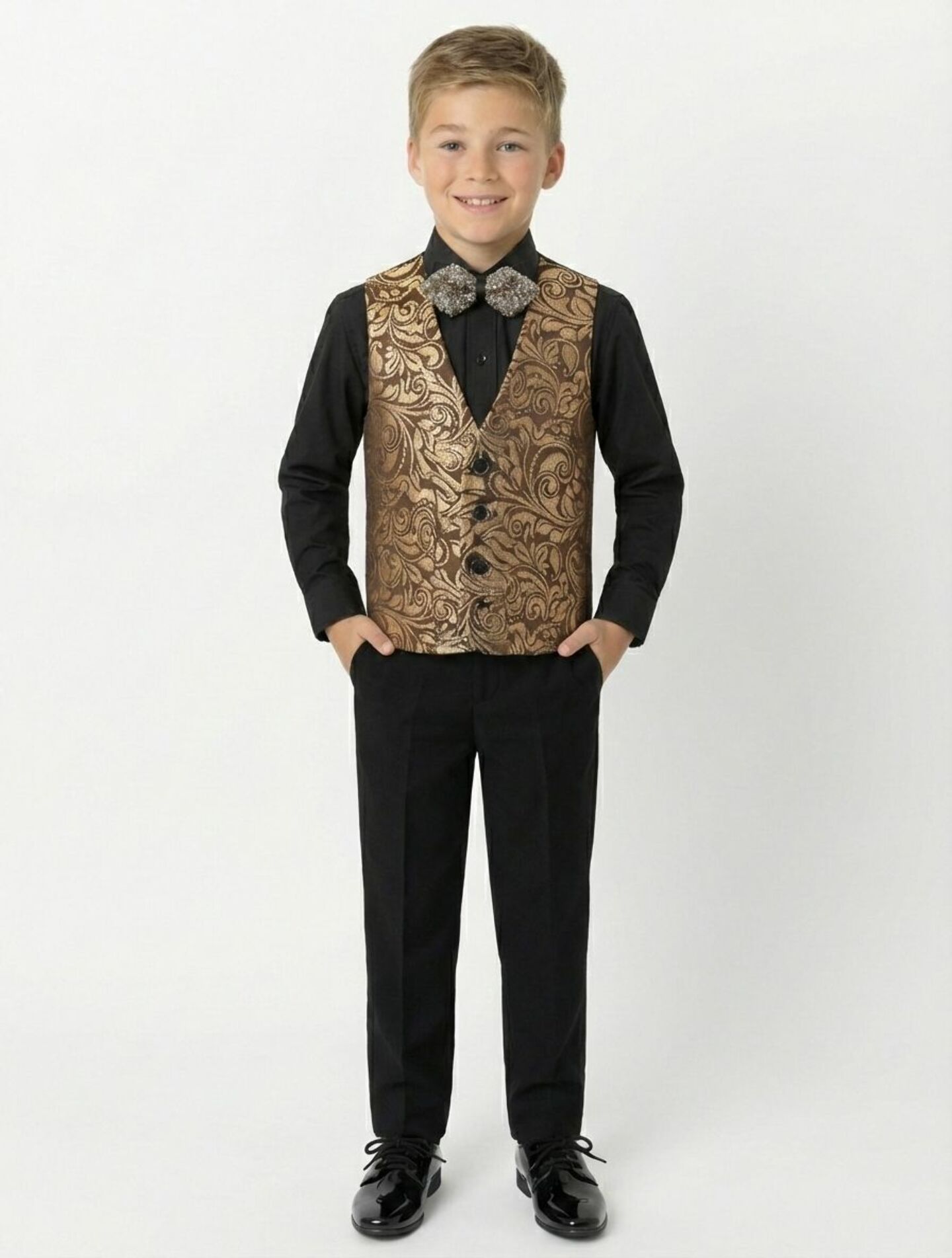 Robert Bronze Jacquard 3-Piece Boys Formal Suit Jacket, Waistcoat & Trousers | Lucys