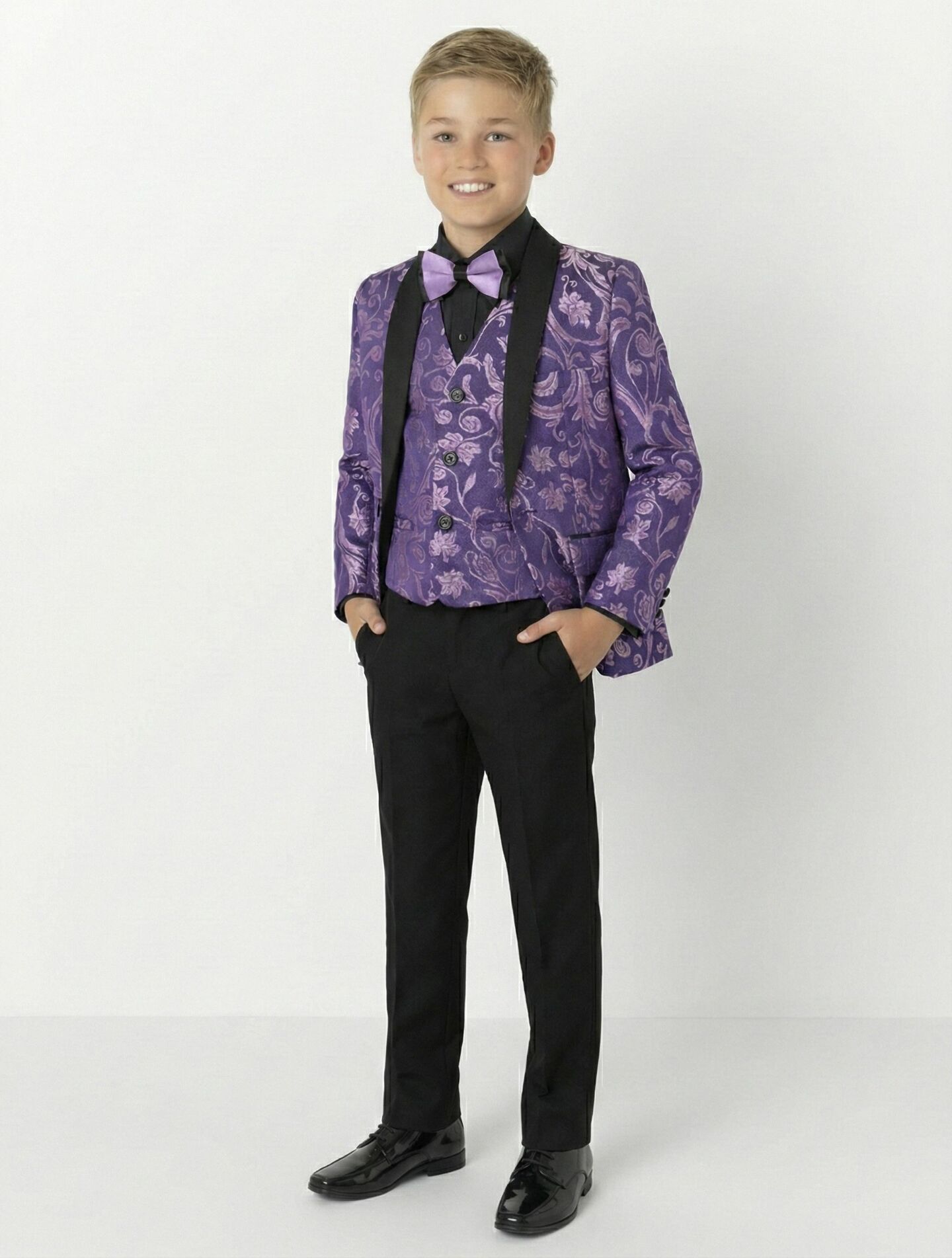 Robert Purple Jacquard 3-Piece Boys Formal Suit Jacket, Waistcoat & Trousers | Lucys