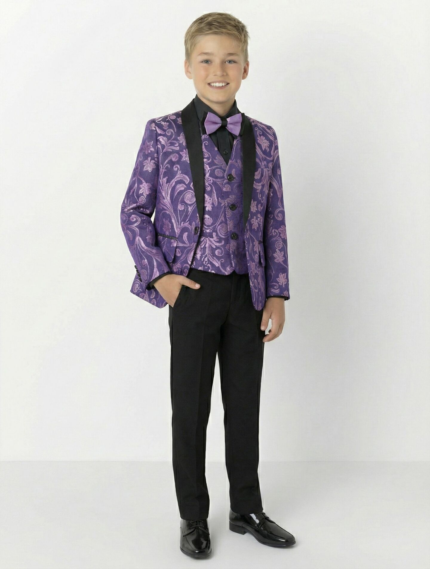 Robert Purple Jacquard 3-Piece Boys Formal Suit Jacket, Waistcoat & Trousers | Lucys