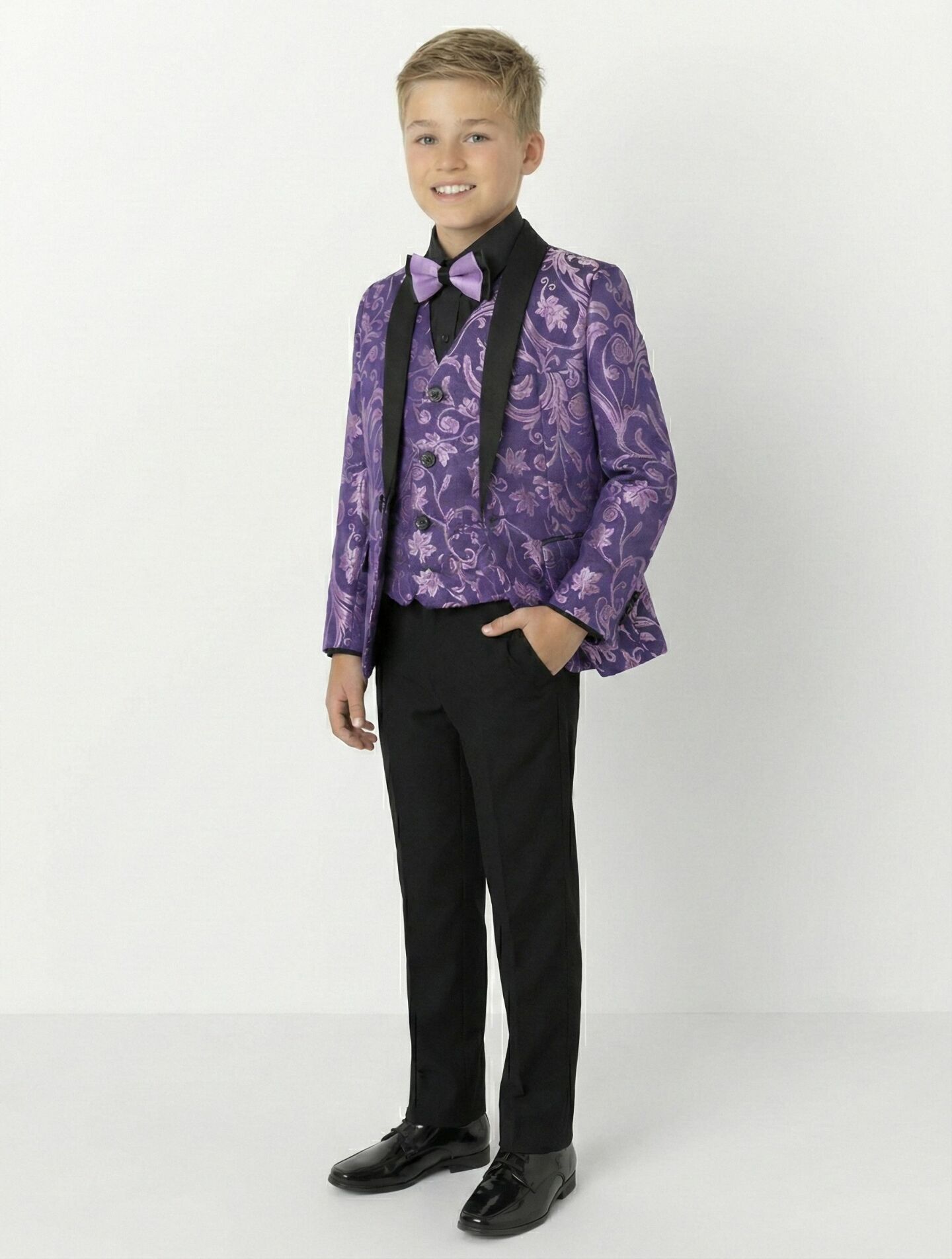 Robert Purple Jacquard 3-Piece Boys Formal Suit Jacket, Waistcoat & Trousers | Lucys