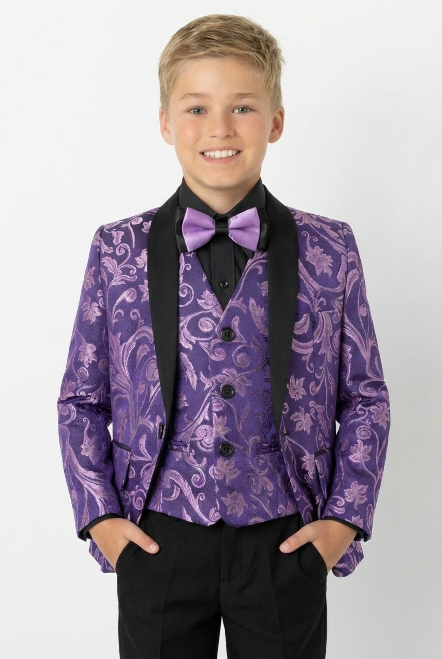 Robert Purple Jacquard 3-Piece Boys Formal Suit Jacket, Waistcoat & Trousers | Lucys