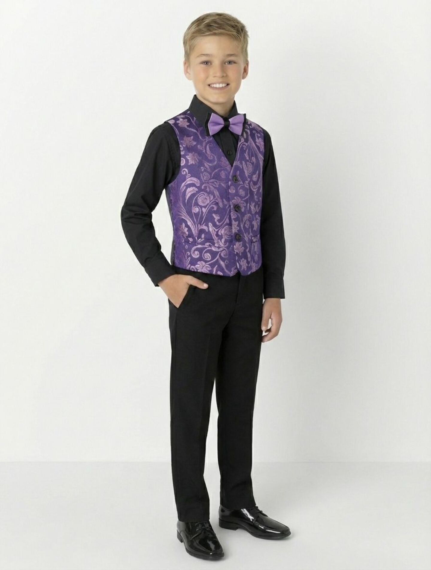 Robert Purple Jacquard 3-Piece Boys Formal Suit Jacket, Waistcoat & Trousers | Lucys