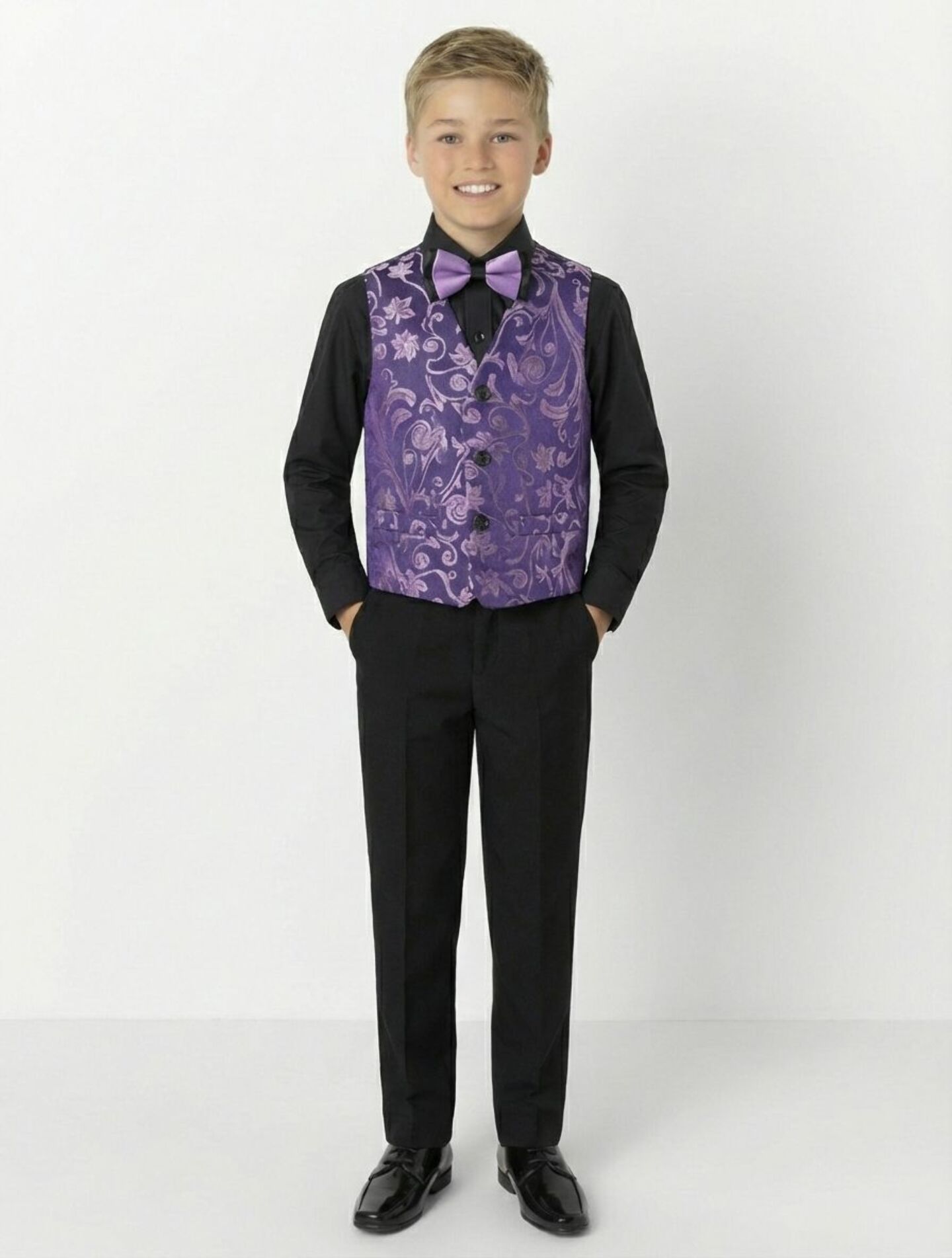 Robert Purple Jacquard 3-Piece Boys Formal Suit Jacket, Waistcoat & Trousers | Lucys