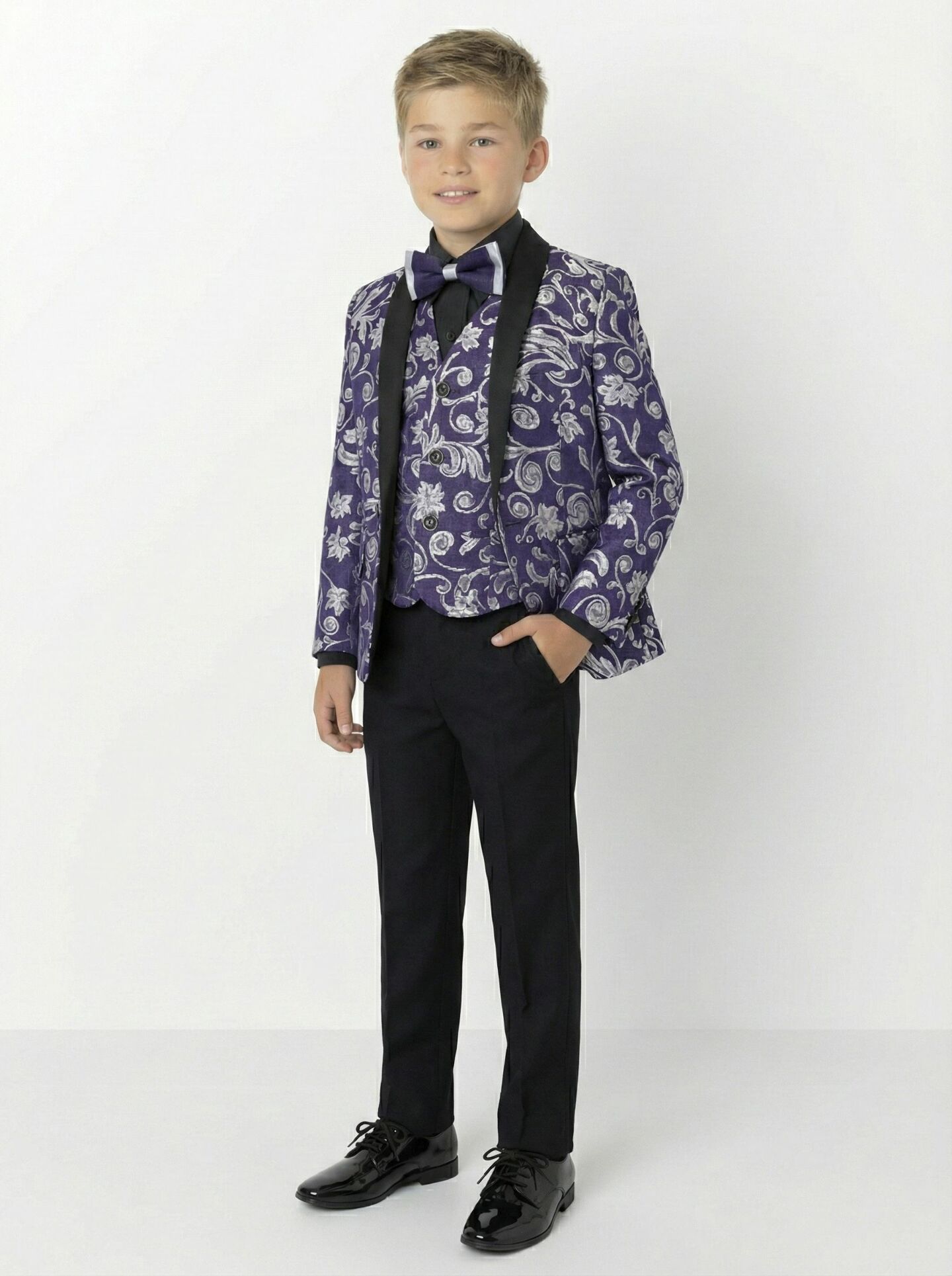 Robert Dark Purple Jacquard 3-Piece Boys Formal Suit Jacket, Waistcoat & Trousers | Lucys