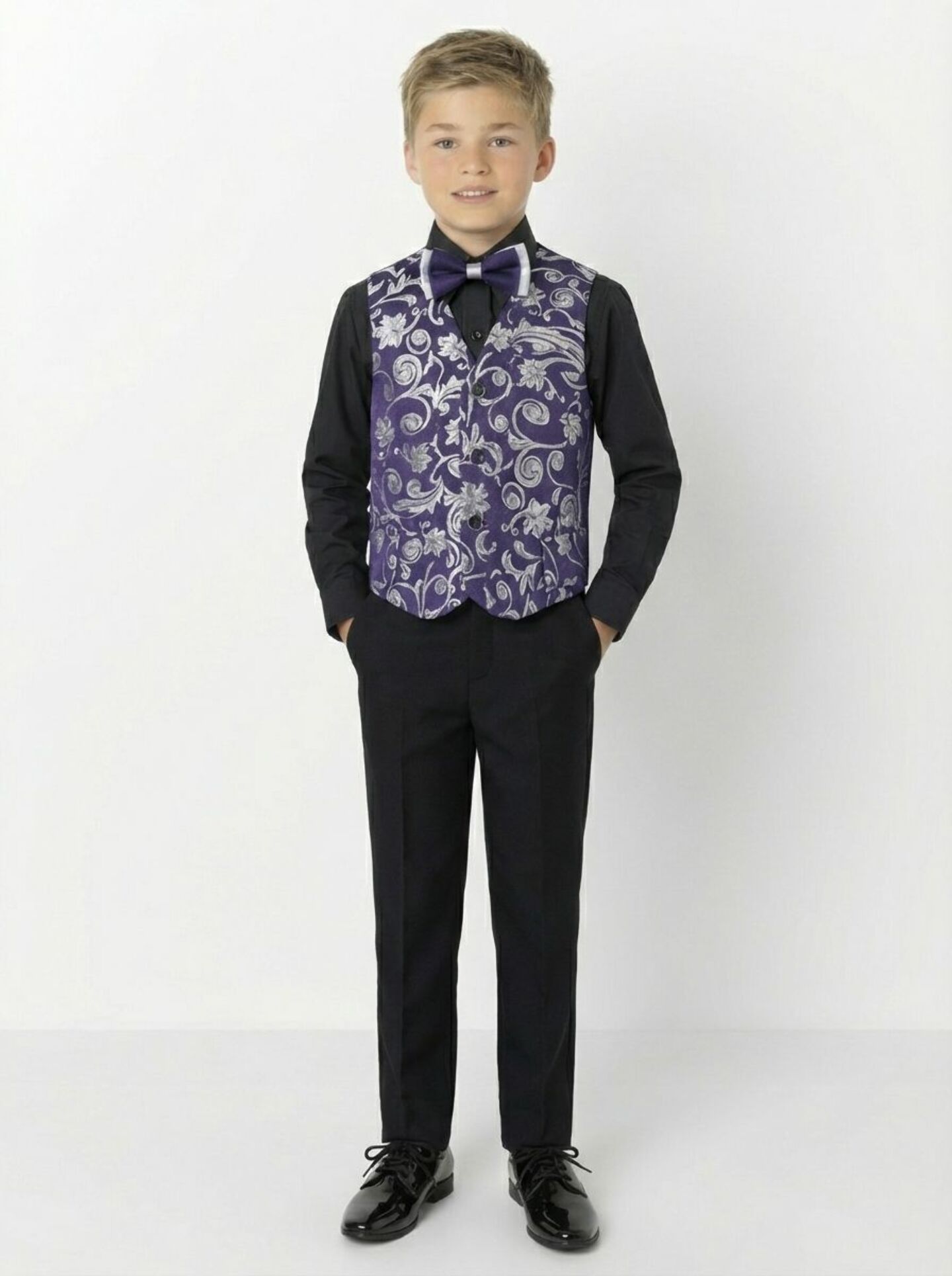 Robert Dark Purple Jacquard 3-Piece Boys Formal Suit Jacket, Waistcoat & Trousers | Lucys