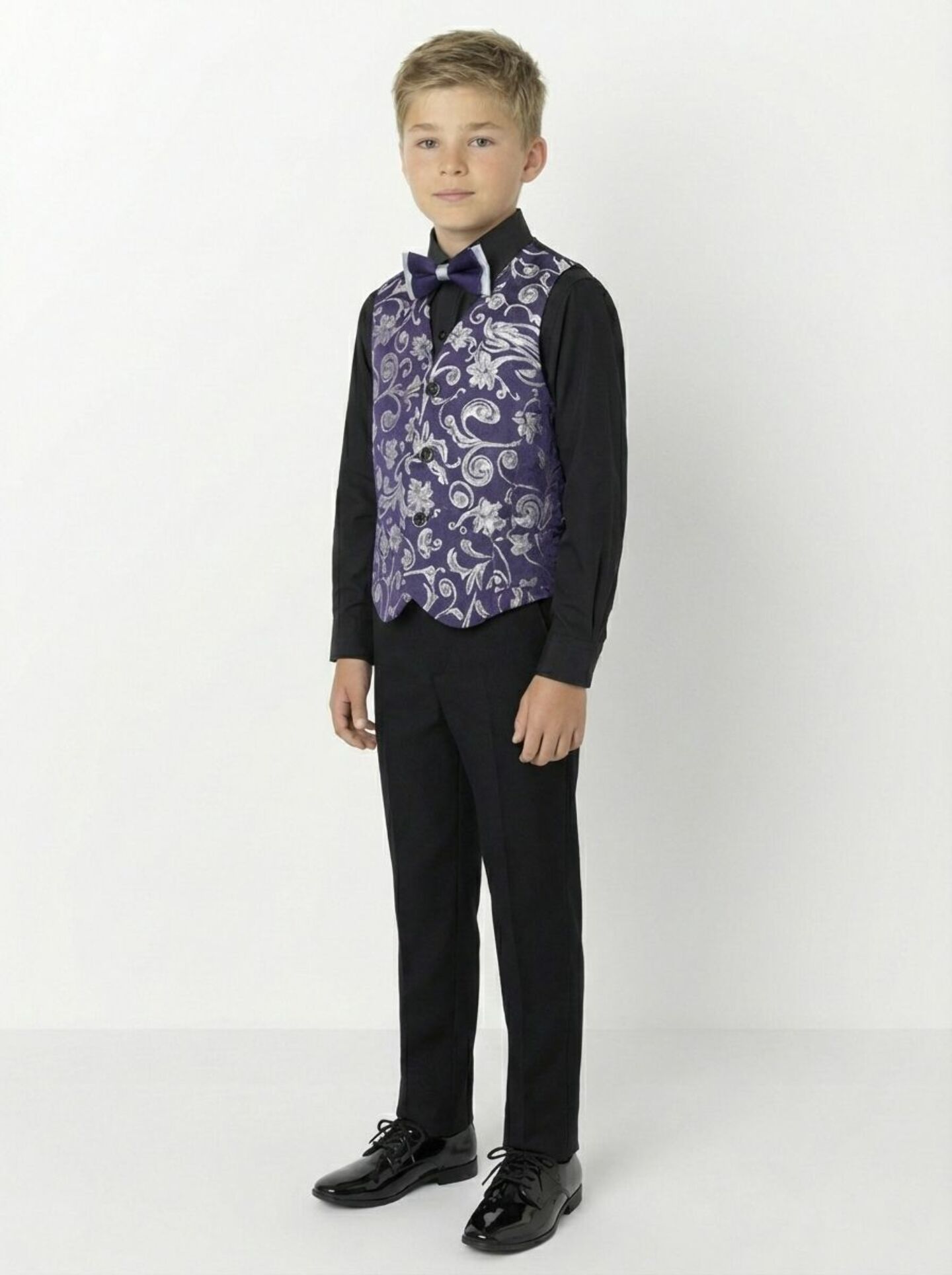 Robert Dark Purple Jacquard 3-Piece Boys Formal Suit Jacket, Waistcoat & Trousers | Lucys
